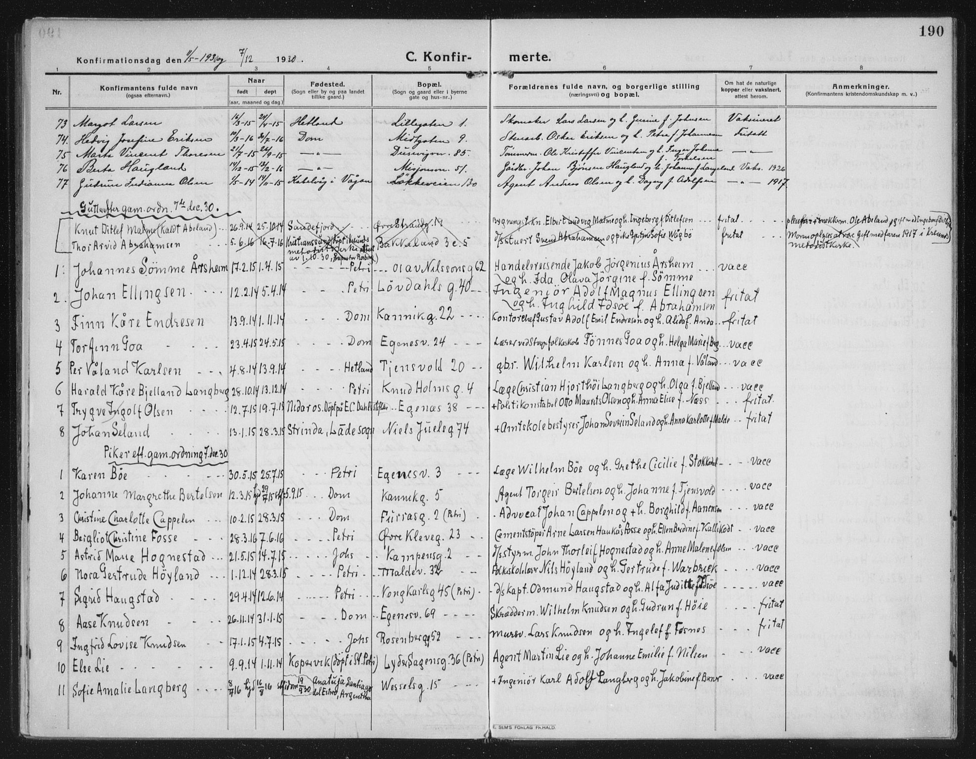 Domkirken sokneprestkontor, AV/SAST-A-101812/002/A/L0019: Parish register (official) no. A 35, 1916-1932, p. 190