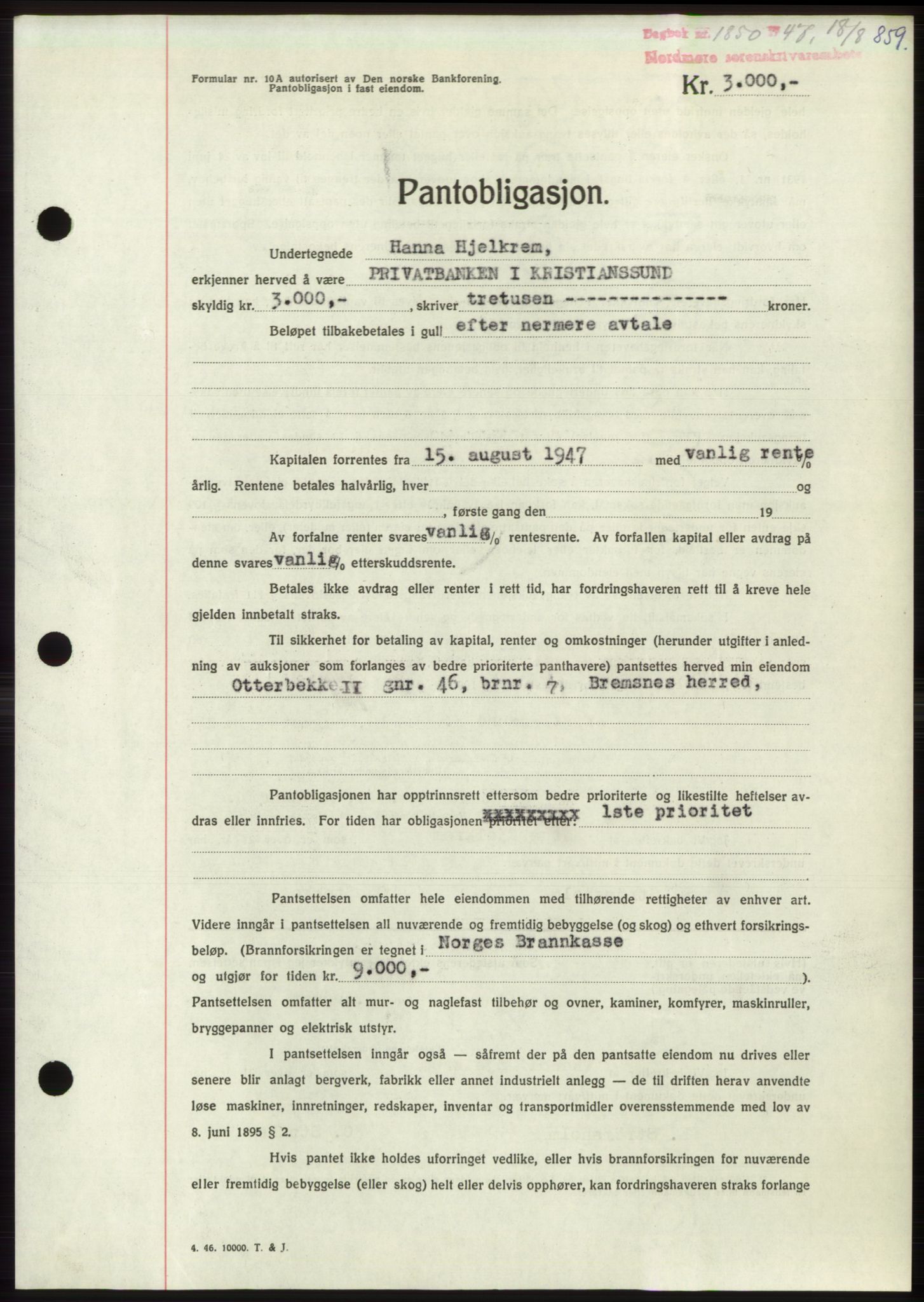 Nordmøre sorenskriveri, AV/SAT-A-4132/1/2/2Ca: Mortgage book no. B96, 1947-1947, Diary no: : 1850/1947