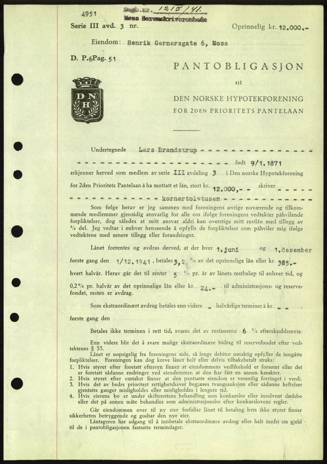Moss sorenskriveri, SAO/A-10168: Mortgage book no. B10, 1940-1941, Diary no: : 1215/1941