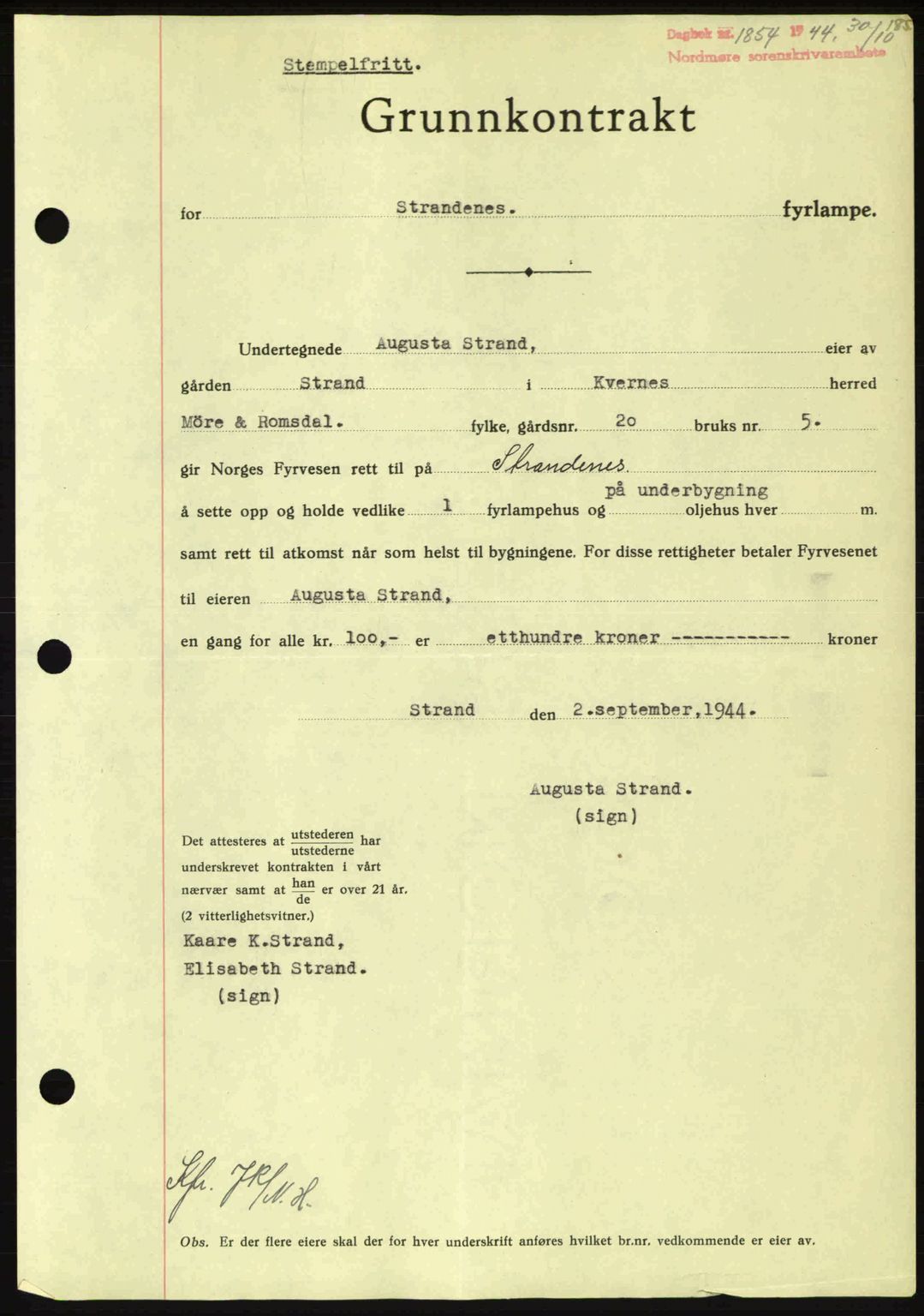 Nordmøre sorenskriveri, AV/SAT-A-4132/1/2/2Ca: Mortgage book no. B92, 1944-1945, Diary no: : 1854/1944