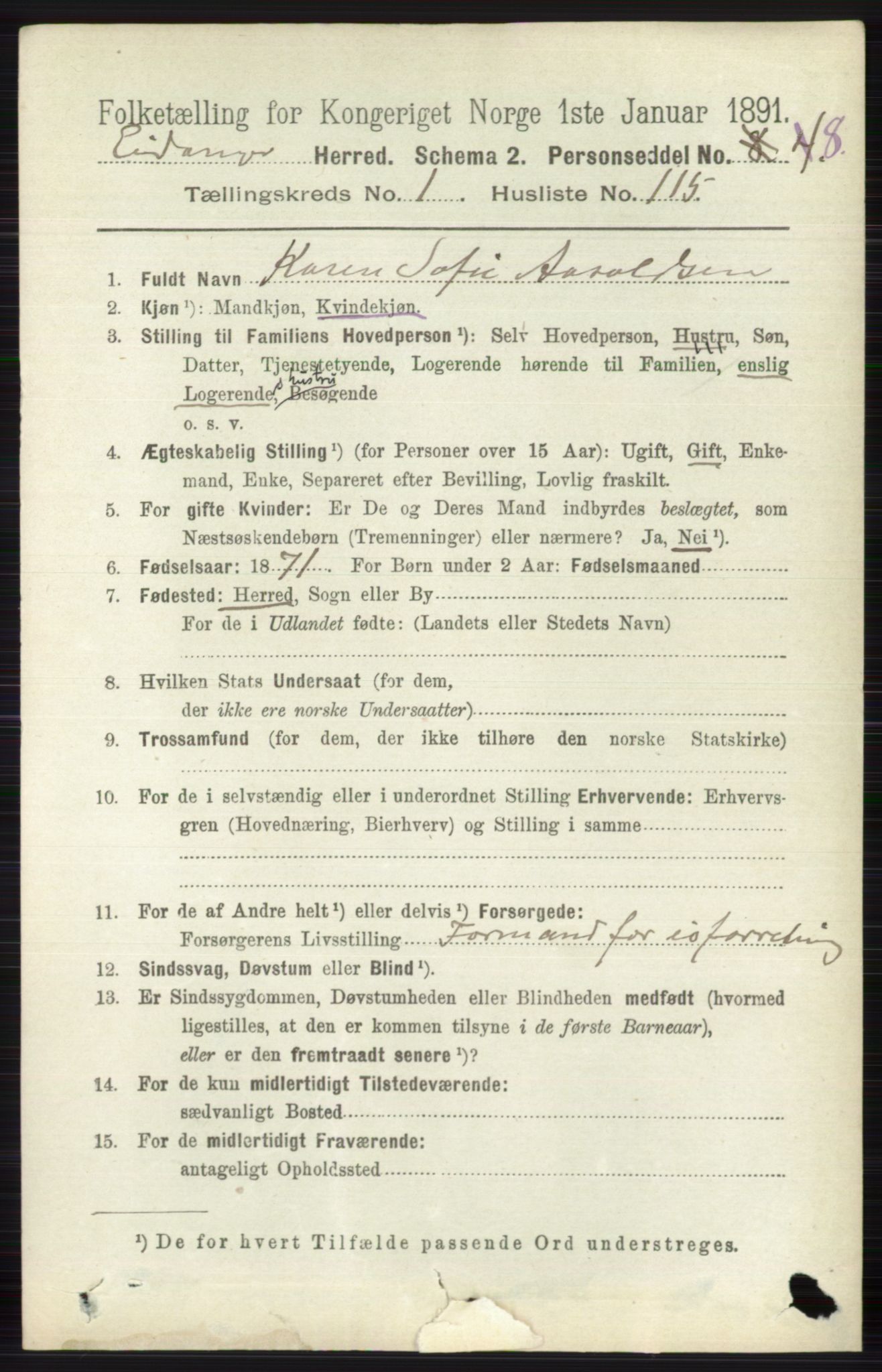 RA, 1891 census for 0813 Eidanger, 1891, p. 764