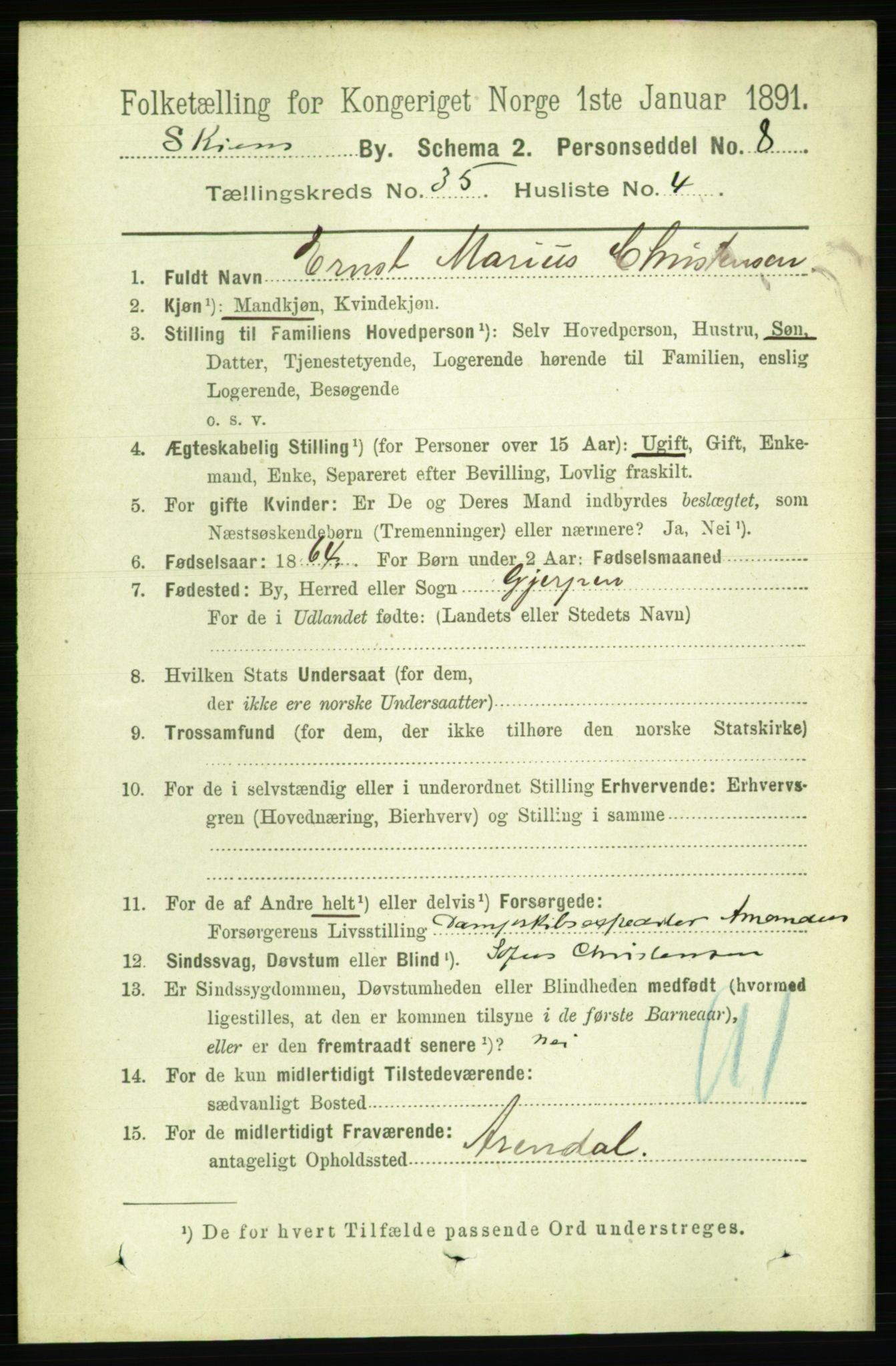 RA, 1891 census for 0806 Skien, 1891, p. 7860