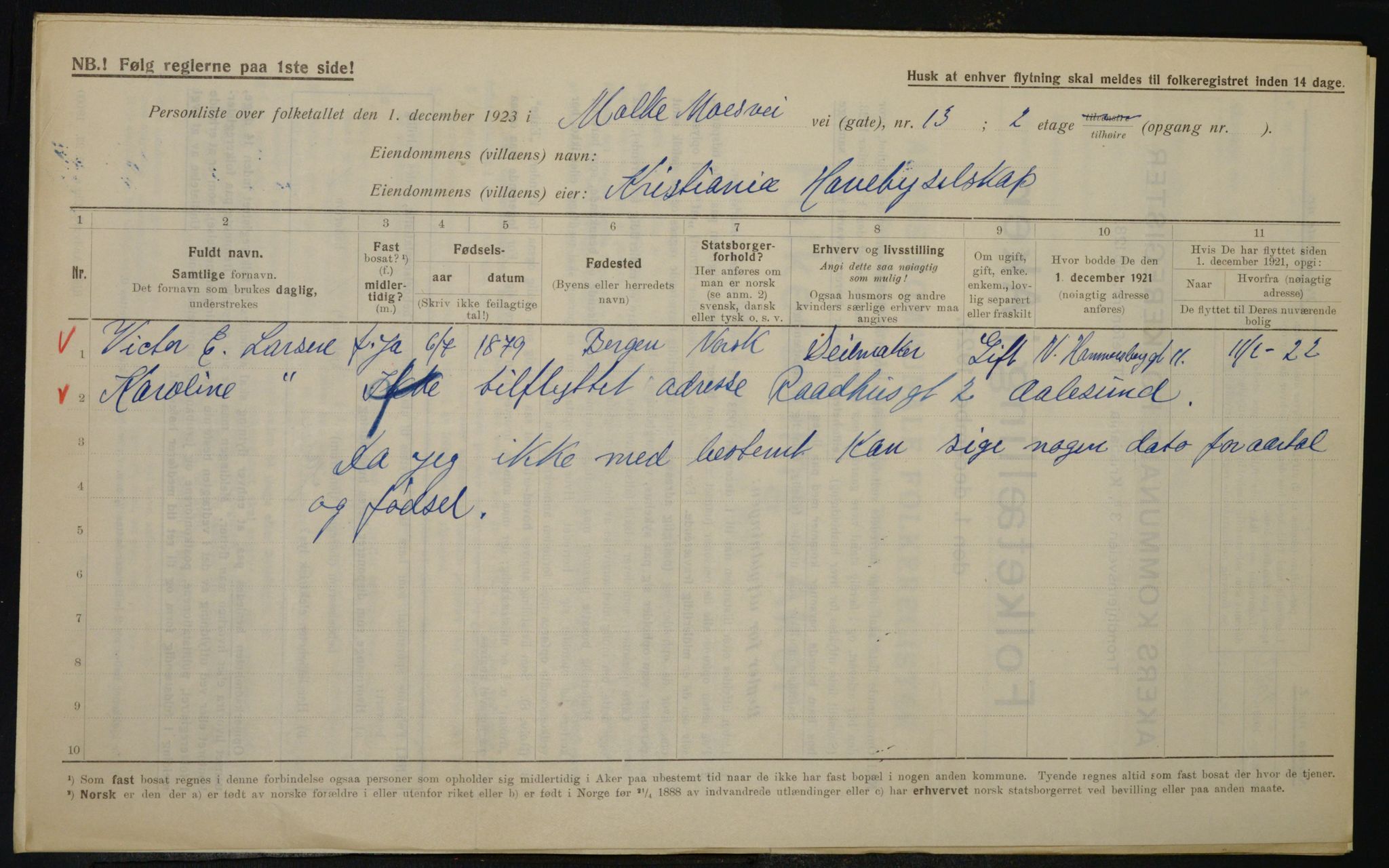 , Municipal Census 1923 for Aker, 1923, p. 21456