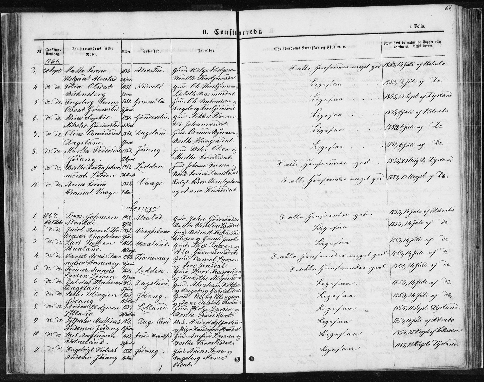 Tysvær sokneprestkontor, AV/SAST-A -101864/H/Ha/Haa/L0004: Parish register (official) no. A 4, 1857-1878, p. 64