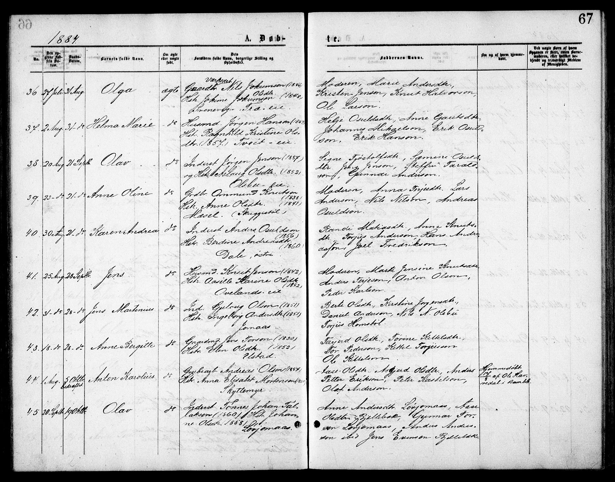 Froland sokneprestkontor, AV/SAK-1111-0013/F/Fb/L0009: Parish register (copy) no. B 9, 1875-1893, p. 67