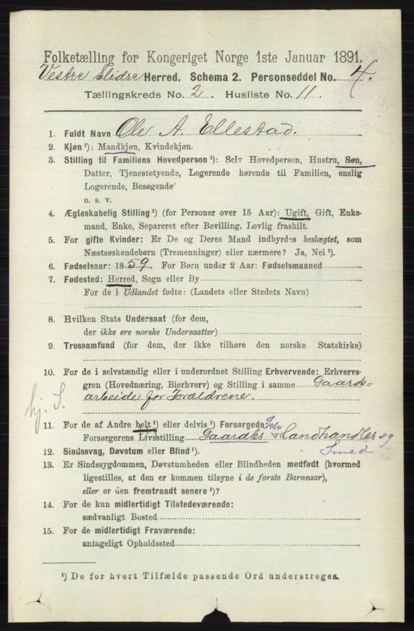 RA, 1891 census for 0543 Vestre Slidre, 1891, p. 588