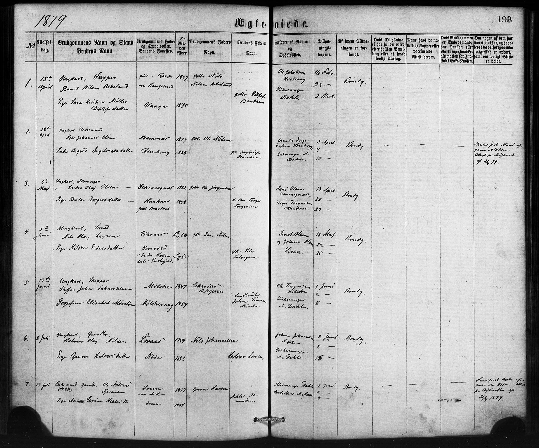 Sveio Sokneprestembete, AV/SAB-A-78501/H/Haa: Parish register (official) no. B 1, 1870-1883, p. 193