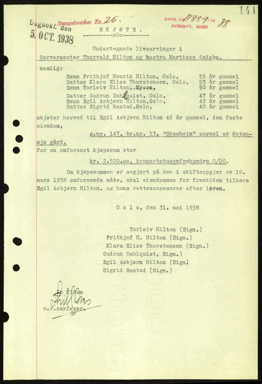 Aker herredsskriveri, SAO/A-10896/G/Gb/Gba/Gbab/L0025: Mortgage book no. A154-155, 1938-1938, Diary no: : 11889/1938