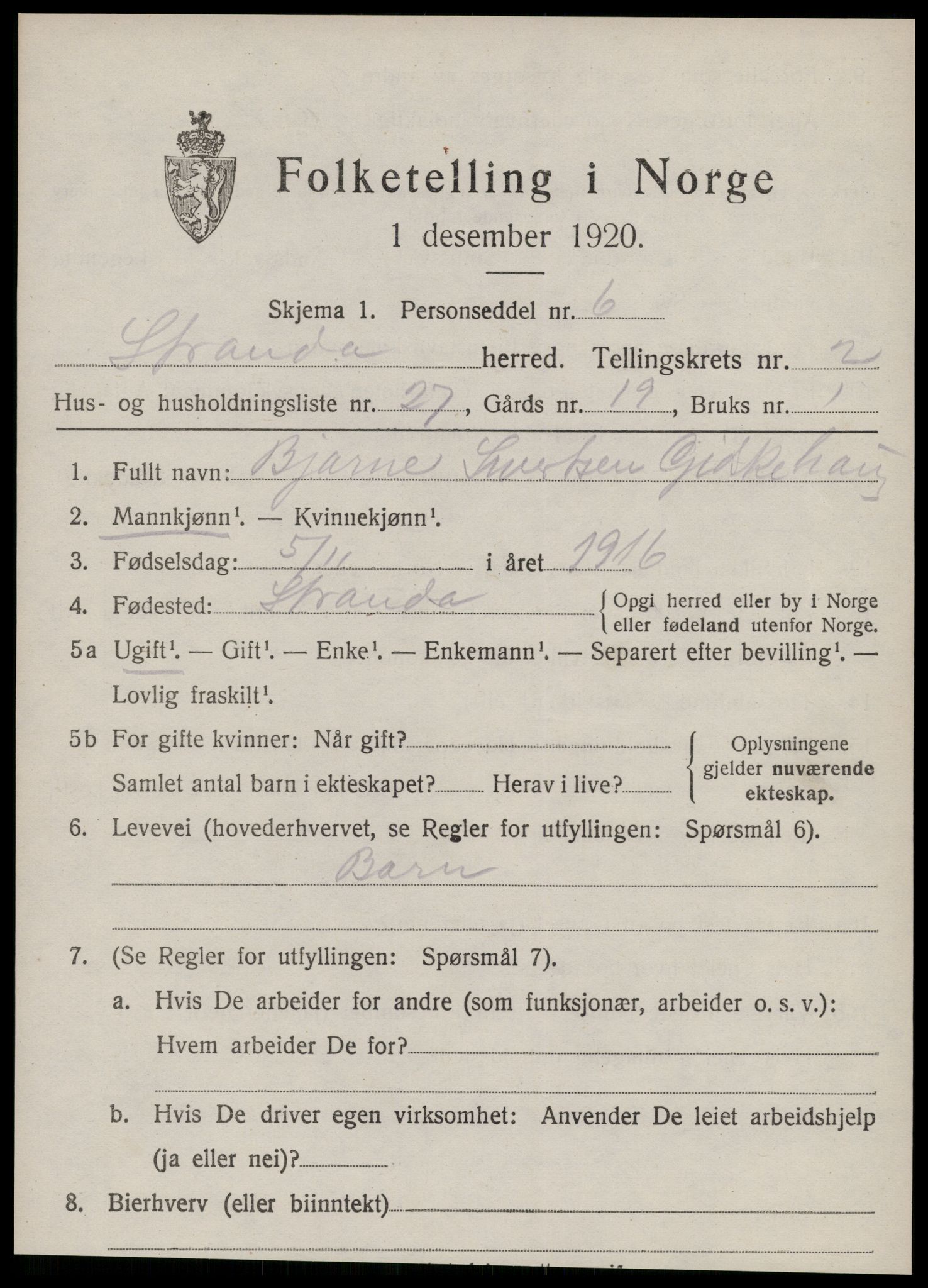 SAT, 1920 census for Stranda, 1920, p. 1239