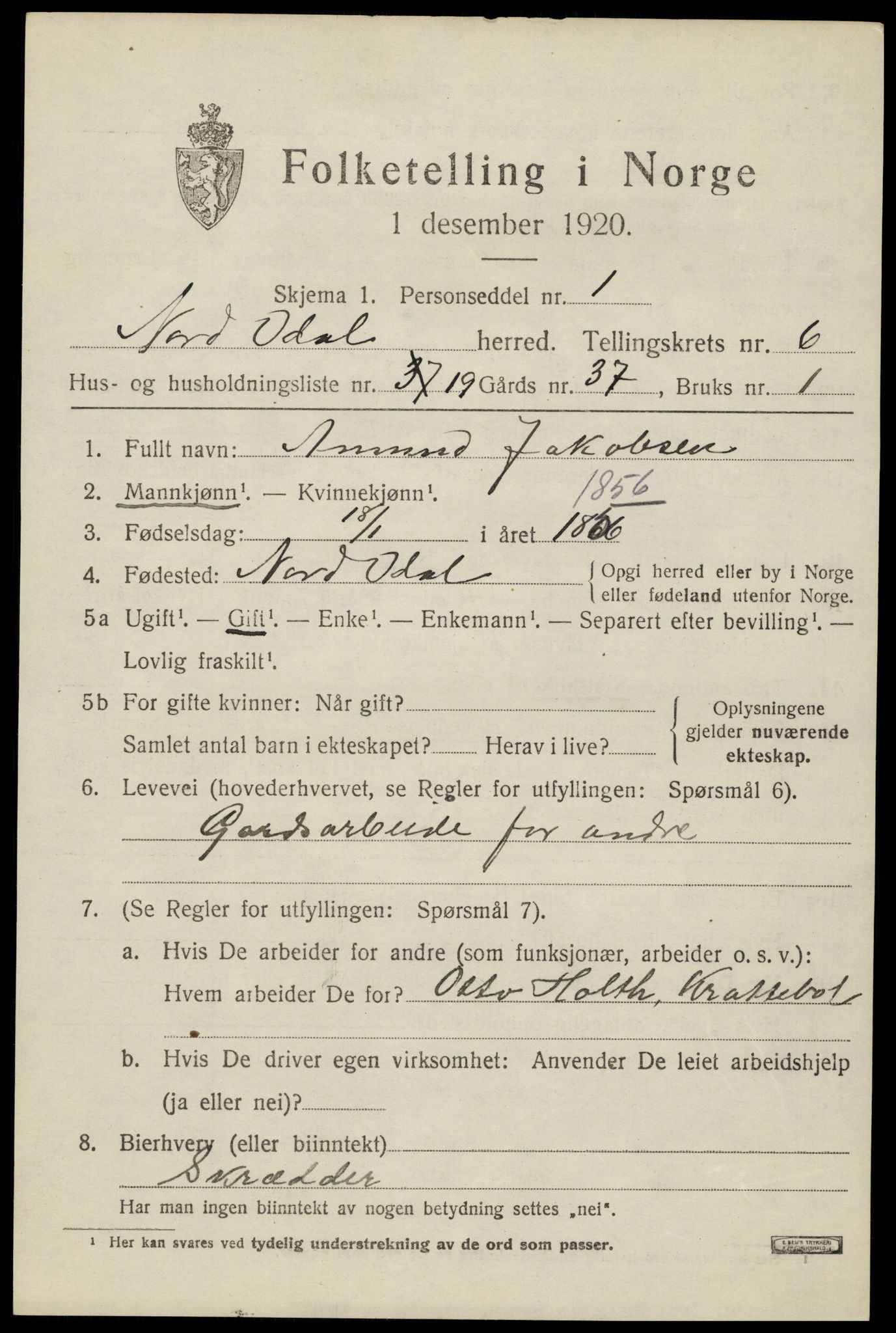 SAH, 1920 census for Nord-Odal, 1920, p. 6821