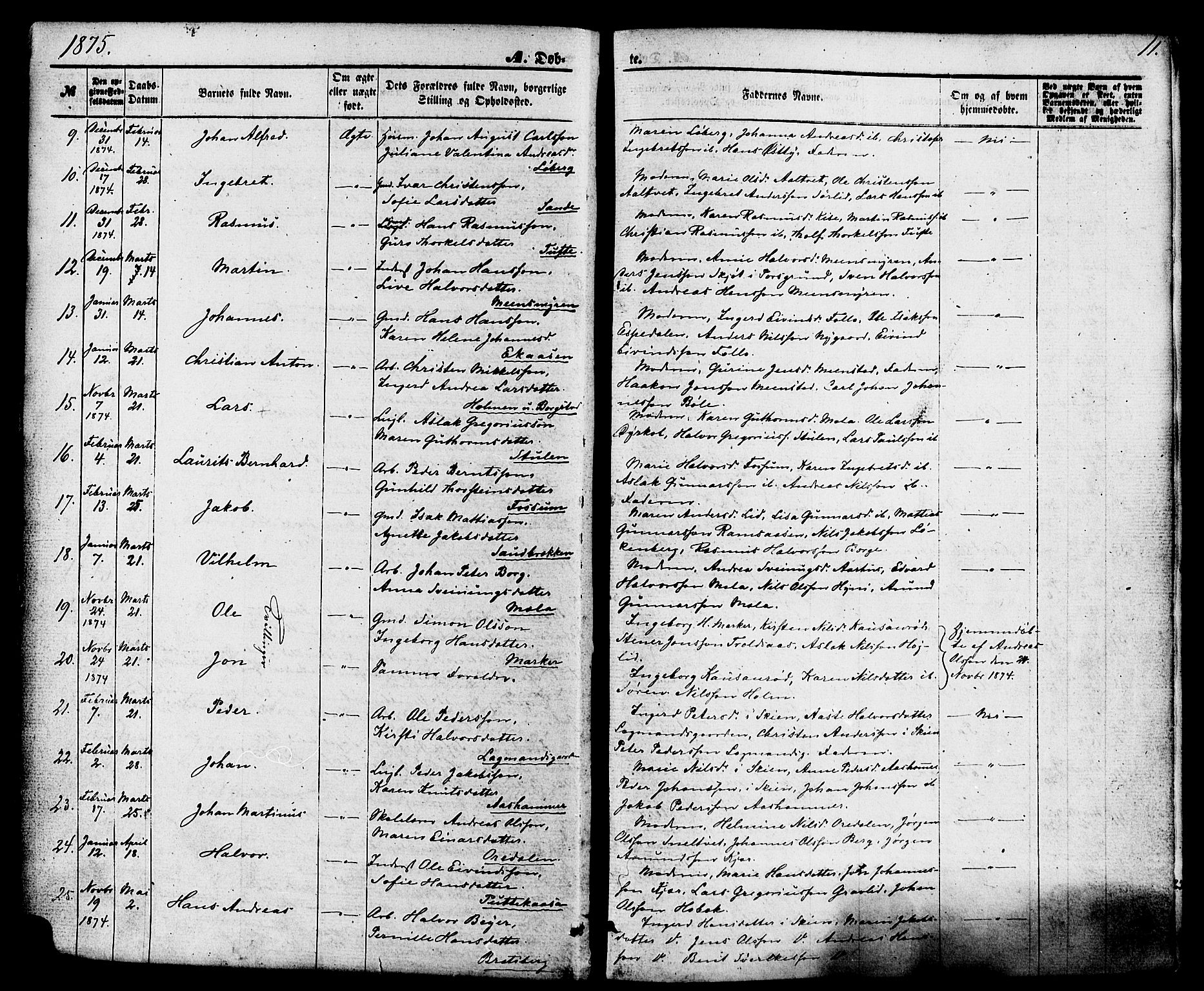 Gjerpen kirkebøker, AV/SAKO-A-265/F/Fa/L0009: Parish register (official) no. I 9, 1872-1885, p. 11