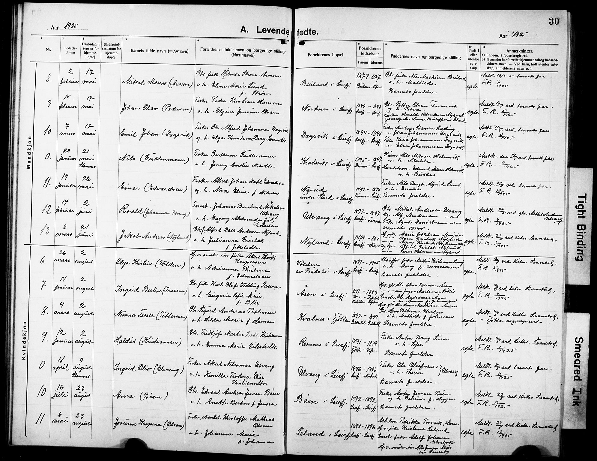 Ministerialprotokoller, klokkerbøker og fødselsregistre - Nordland, AV/SAT-A-1459/832/L0495: Parish register (copy) no. 832C02, 1920-1932, p. 30