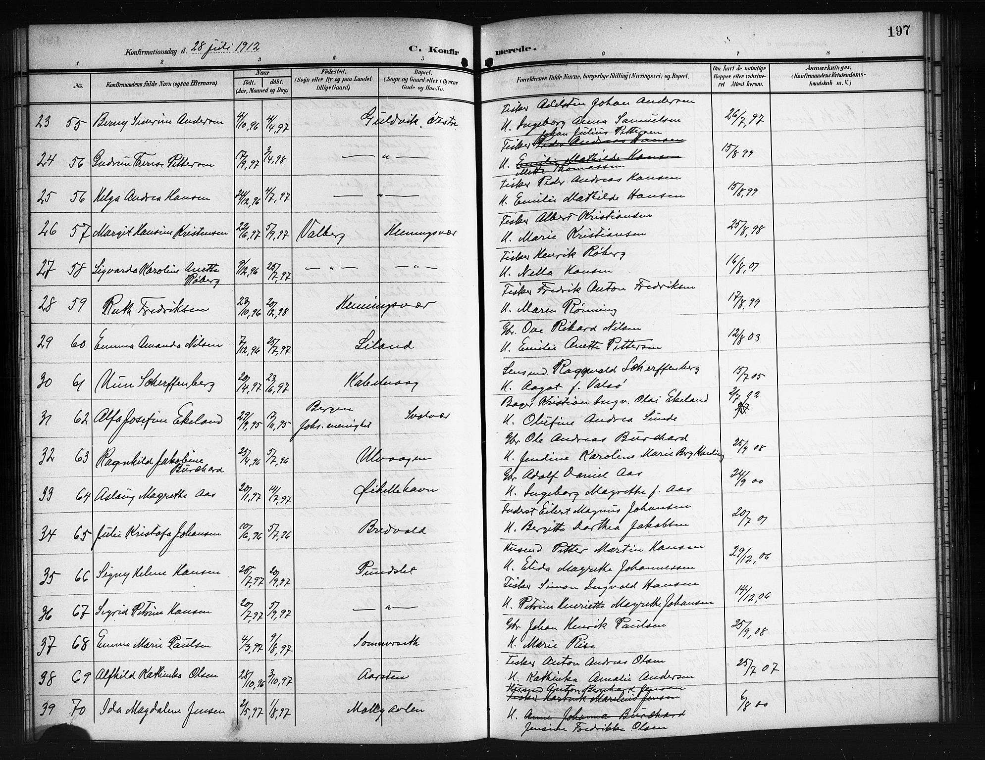 Ministerialprotokoller, klokkerbøker og fødselsregistre - Nordland, AV/SAT-A-1459/874/L1079: Parish register (copy) no. 874C08, 1907-1915, p. 197