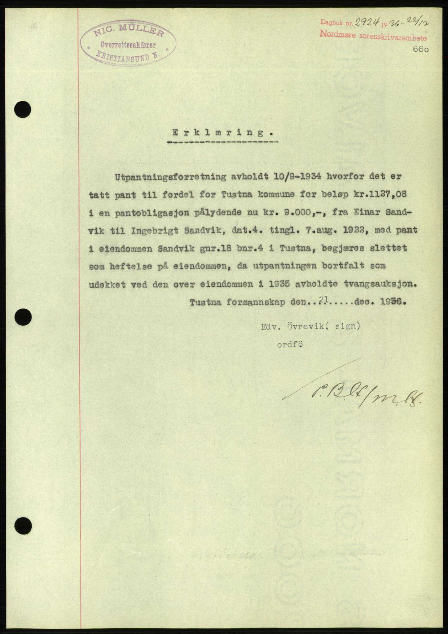 Nordmøre sorenskriveri, AV/SAT-A-4132/1/2/2Ca/L0090: Mortgage book no. B80, 1936-1937, Diary no: : 2924/1936