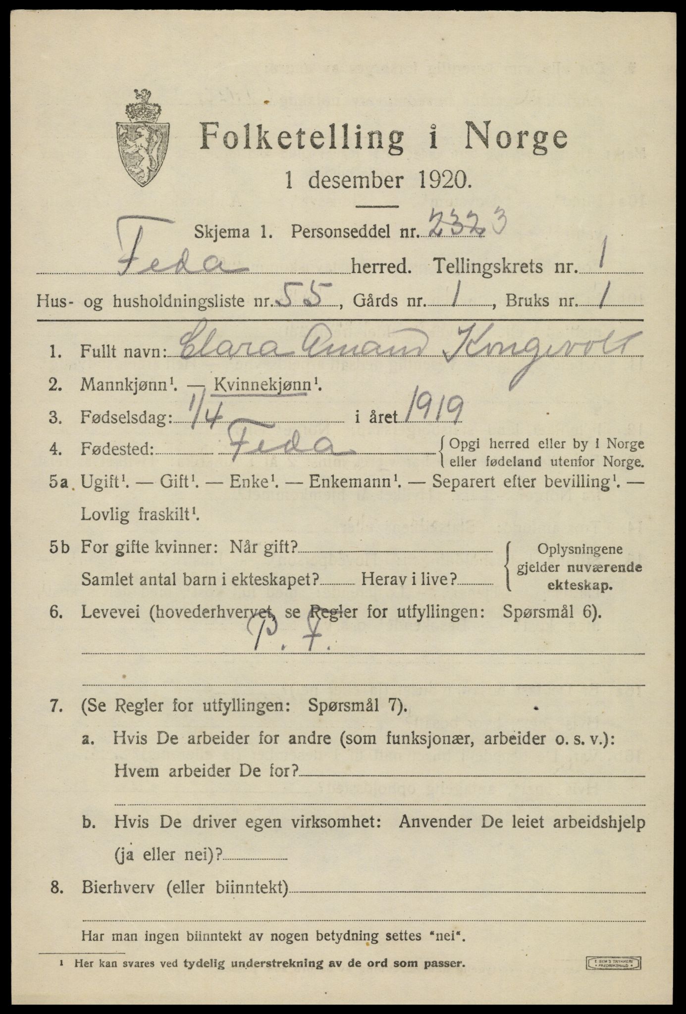 SAK, 1920 census for Feda, 1920, p. 917