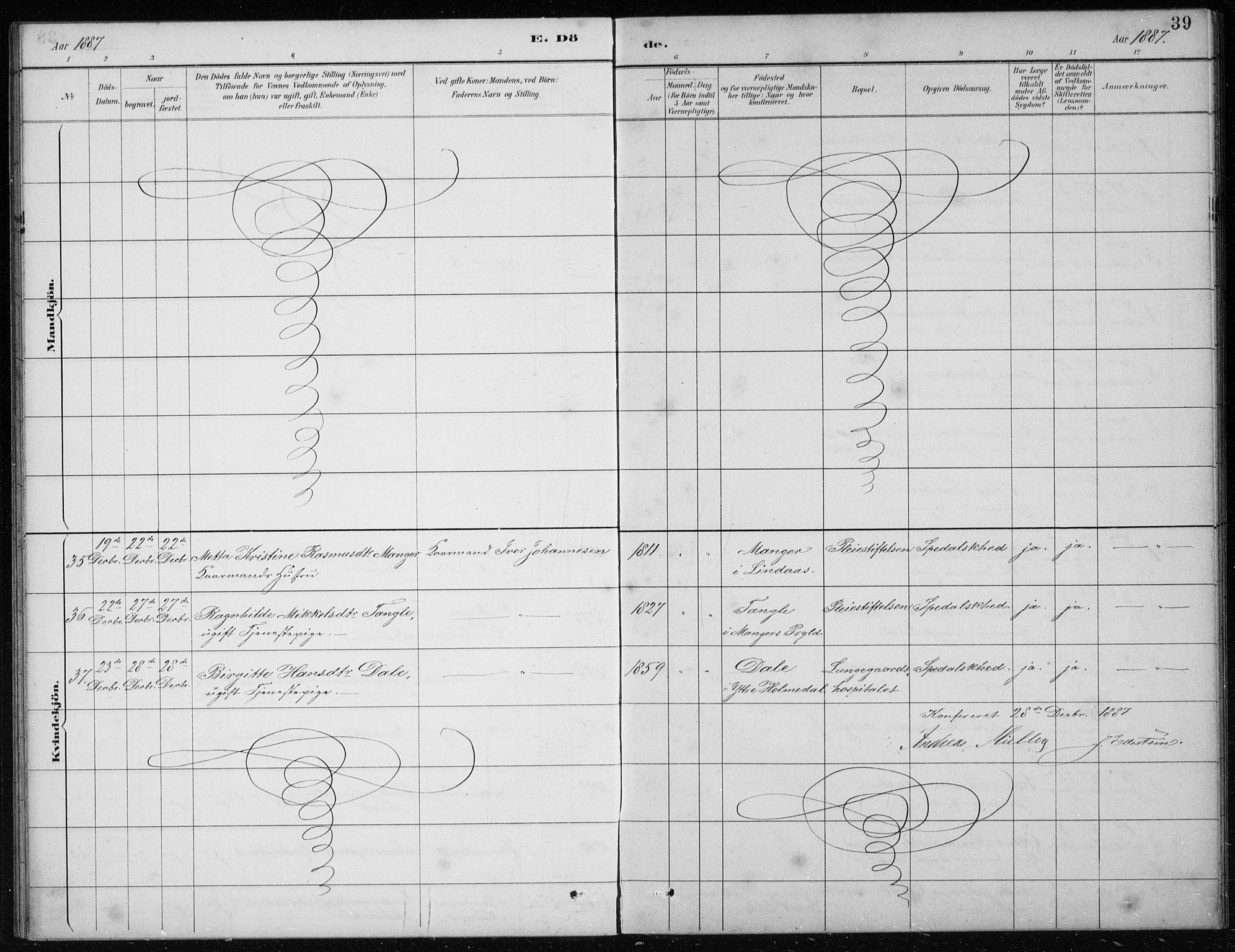 St. Jørgens hospital og Årstad sokneprestembete, AV/SAB-A-99934: Parish register (copy) no. A 10, 1886-1910, p. 39