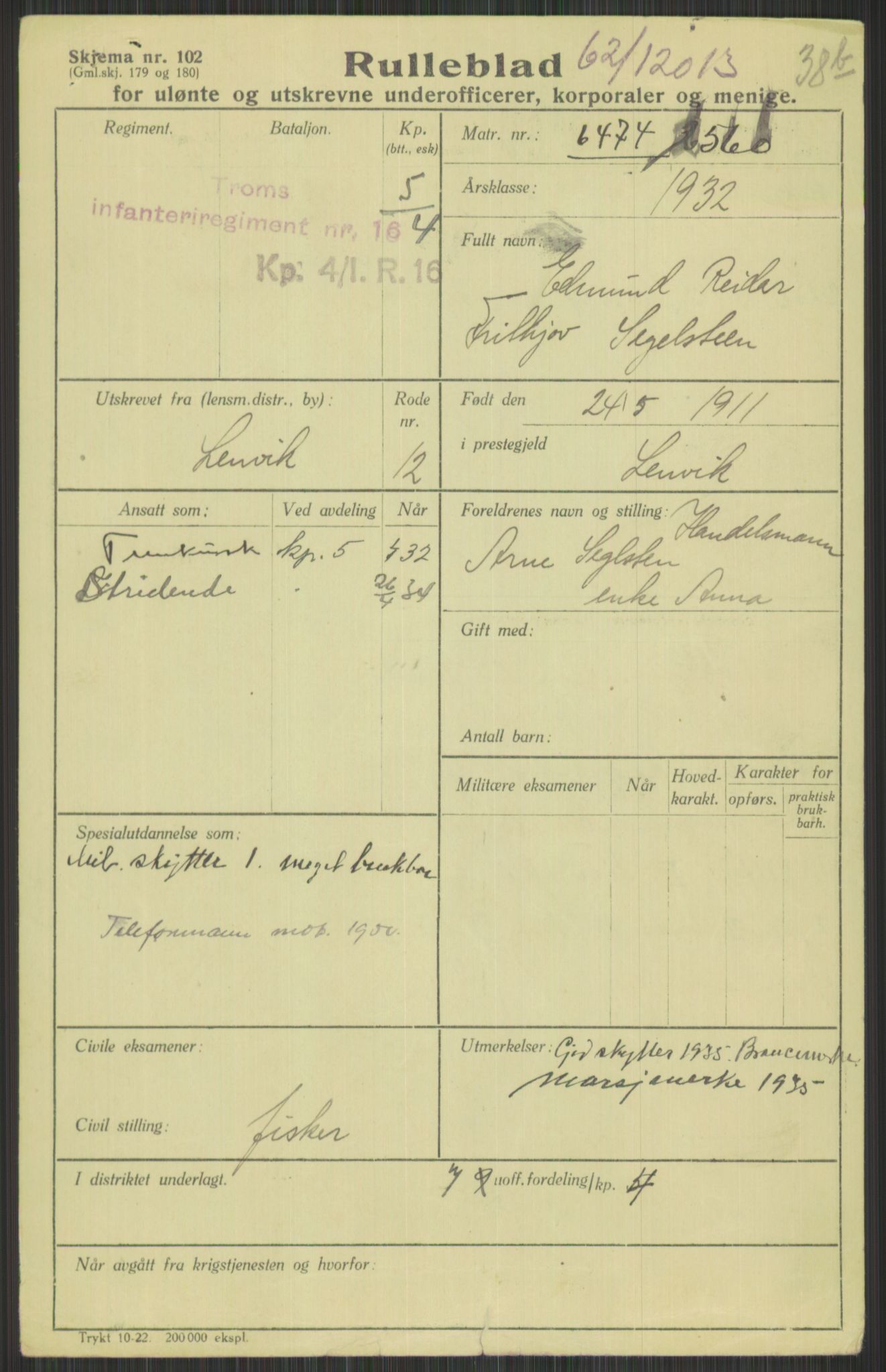 Forsvaret, Troms infanteriregiment nr. 16, AV/RA-RAFA-3146/P/Pa/L0016: Rulleblad for regimentets menige mannskaper, årsklasse 1932, 1932, p. 1401