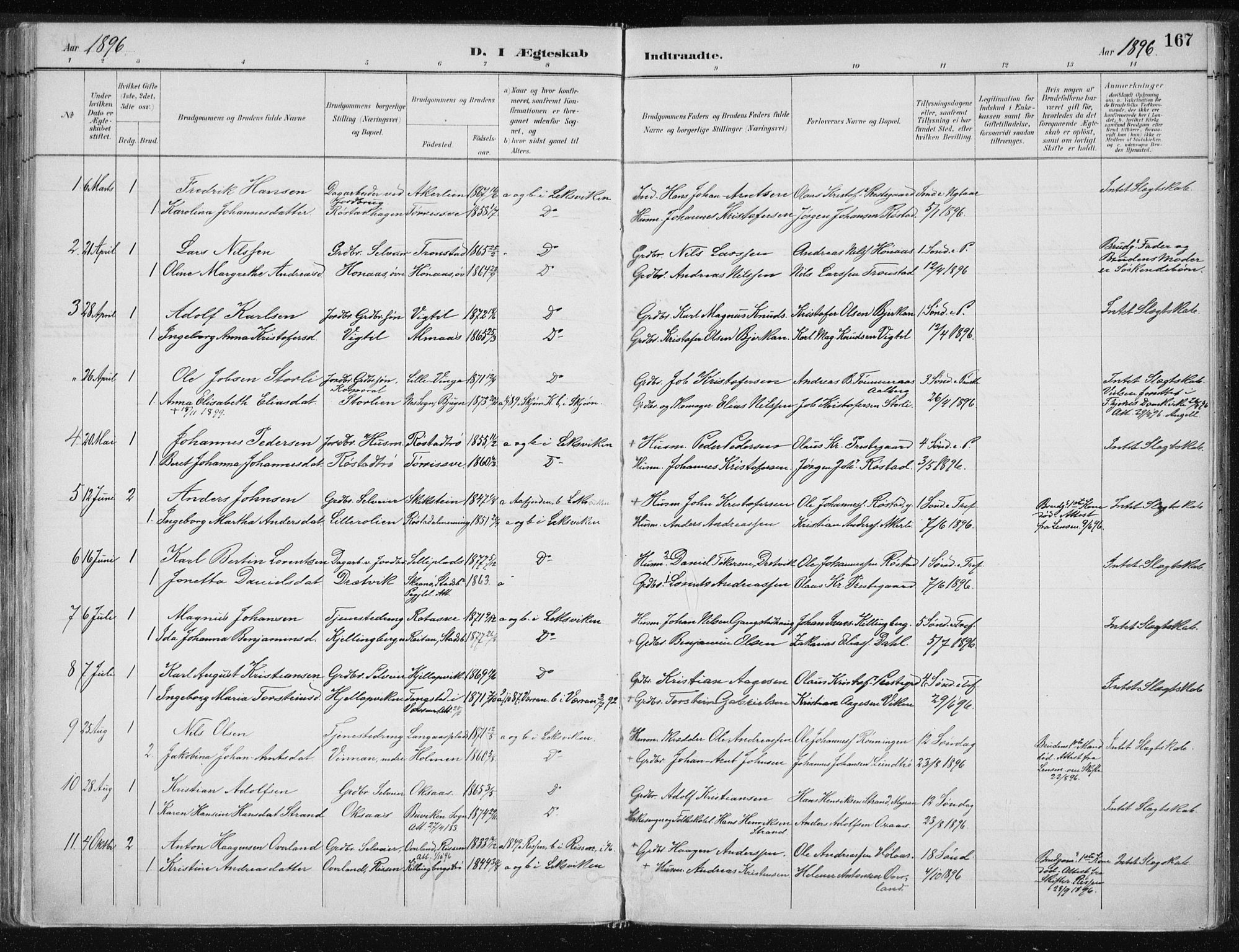 Ministerialprotokoller, klokkerbøker og fødselsregistre - Nord-Trøndelag, SAT/A-1458/701/L0010: Parish register (official) no. 701A10, 1883-1899, p. 167