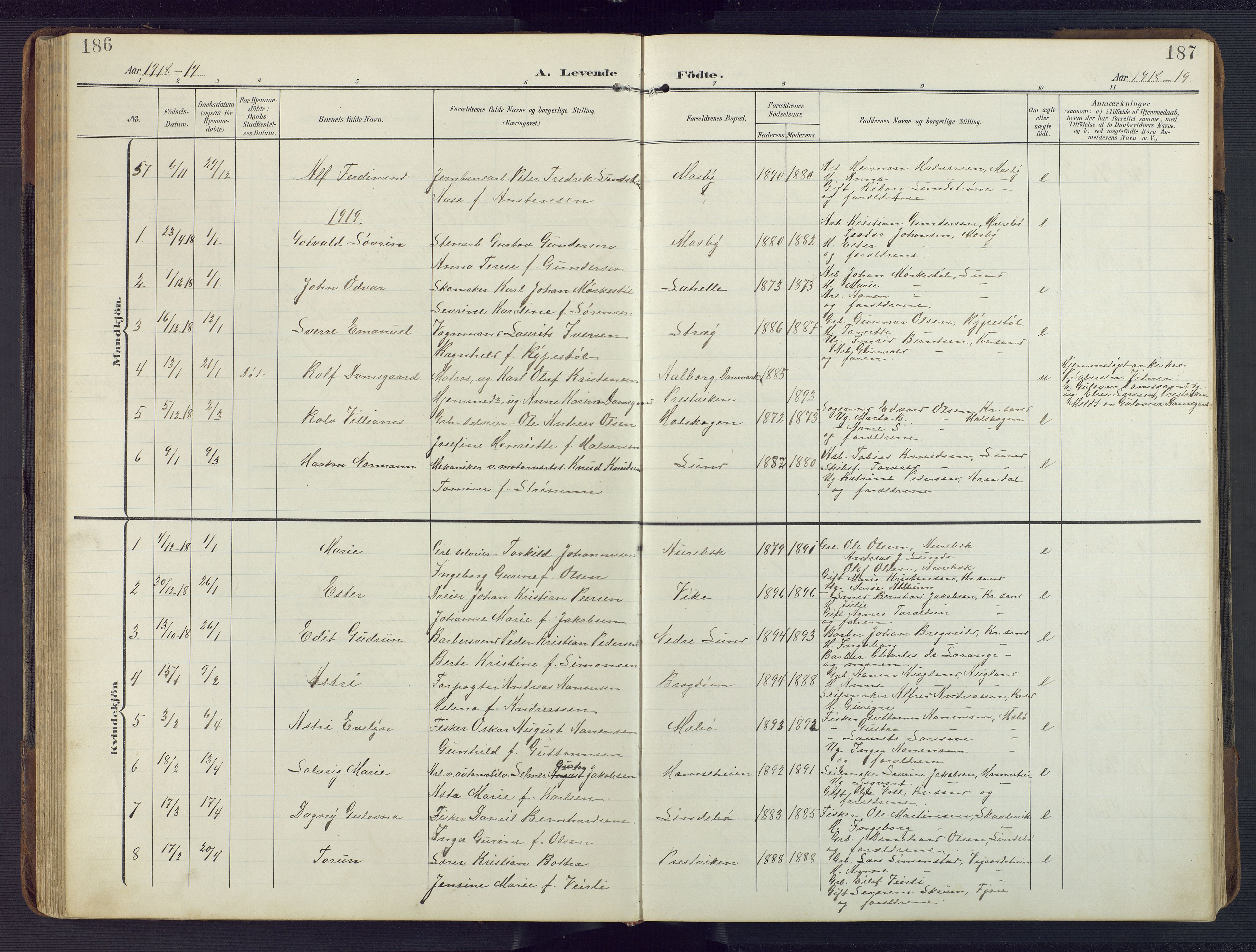 Oddernes sokneprestkontor, AV/SAK-1111-0033/F/Fb/Fba/L0010: Parish register (copy) no. B 10, 1907-1941, p. 186-187