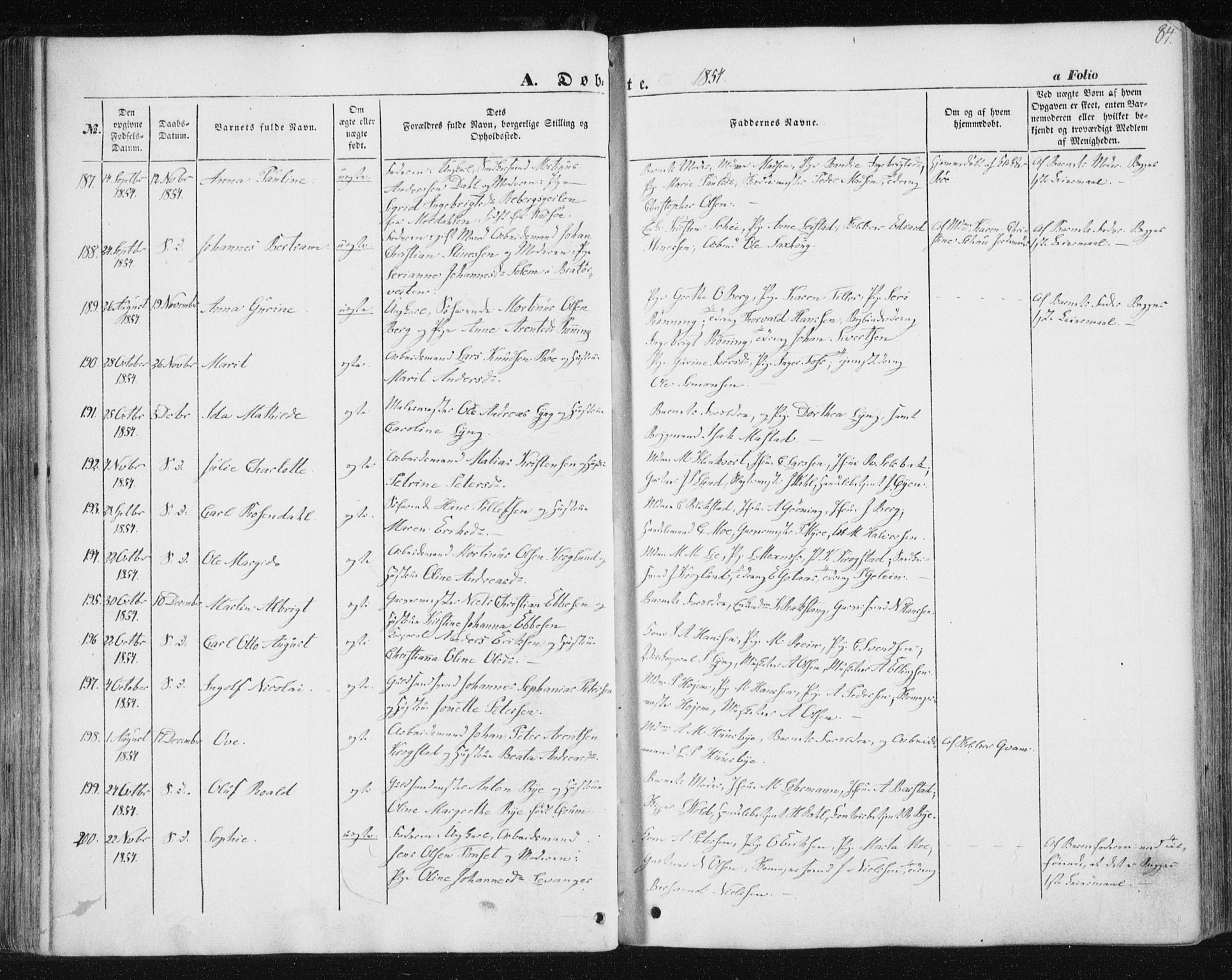 Ministerialprotokoller, klokkerbøker og fødselsregistre - Sør-Trøndelag, SAT/A-1456/602/L0112: Parish register (official) no. 602A10, 1848-1859, p. 84