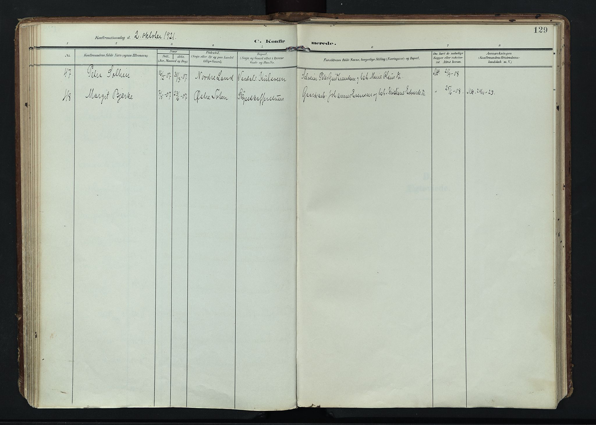 Vardal prestekontor, AV/SAH-PREST-100/H/Ha/Haa/L0020: Parish register (official) no. 20, 1907-1921, p. 129