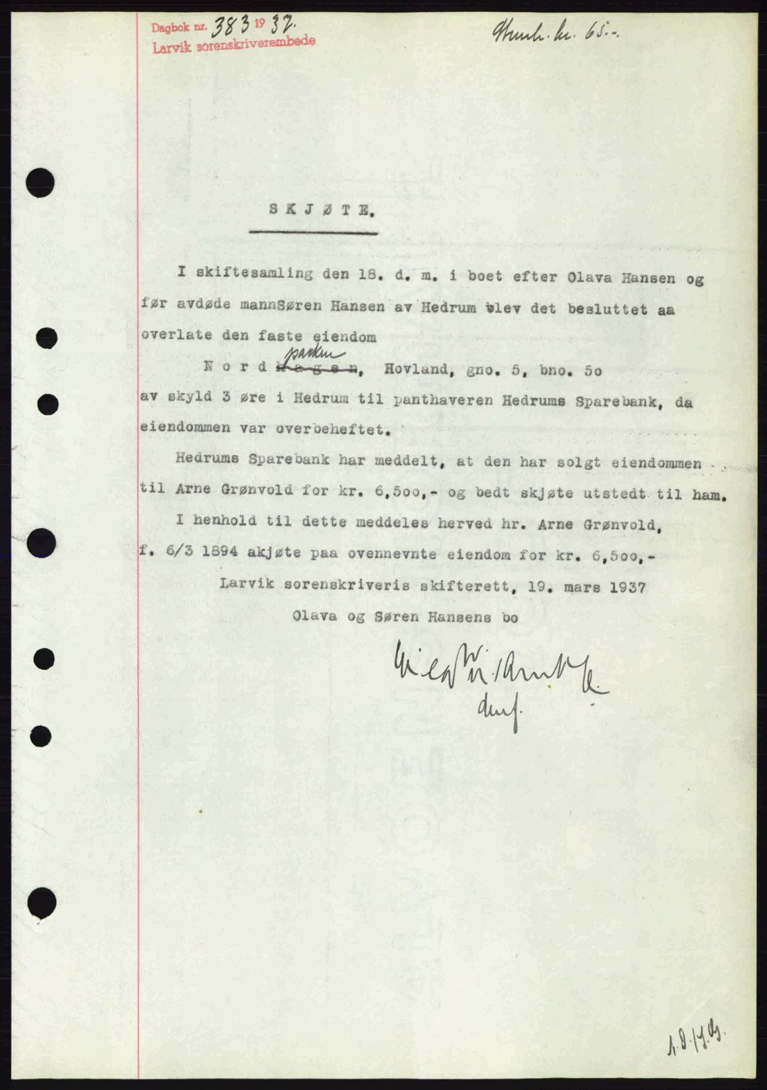 Larvik sorenskriveri, SAKO/A-83/G/Ga/Gab/L0067: Mortgage book no. A-1, 1936-1937, Diary no: : 383/1937