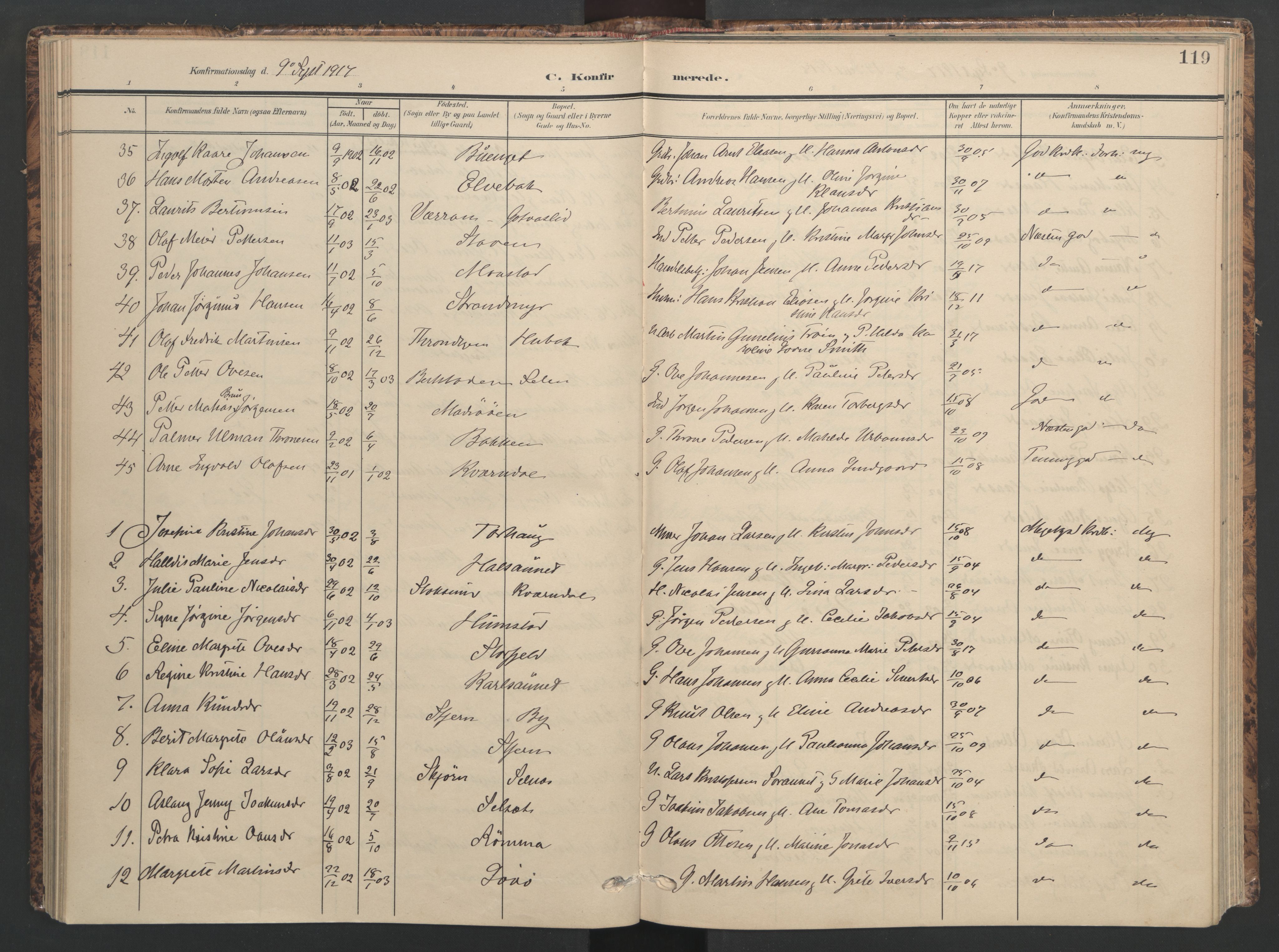 Ministerialprotokoller, klokkerbøker og fødselsregistre - Sør-Trøndelag, SAT/A-1456/655/L0682: Parish register (official) no. 655A11, 1908-1922, p. 119