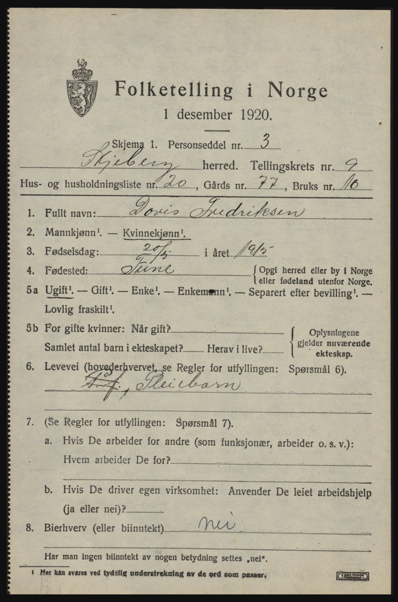 SAO, 1920 census for Skjeberg, 1920, p. 9077