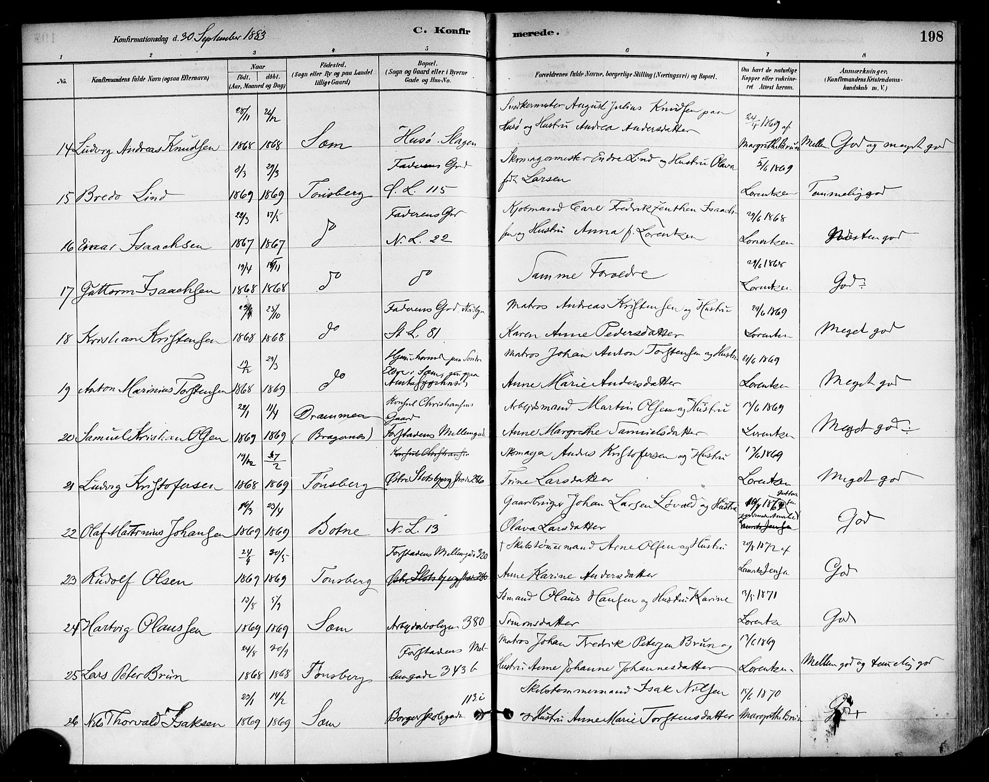 Tønsberg kirkebøker, AV/SAKO-A-330/F/Fa/L0011: Parish register (official) no. I 11, 1881-1890, p. 198