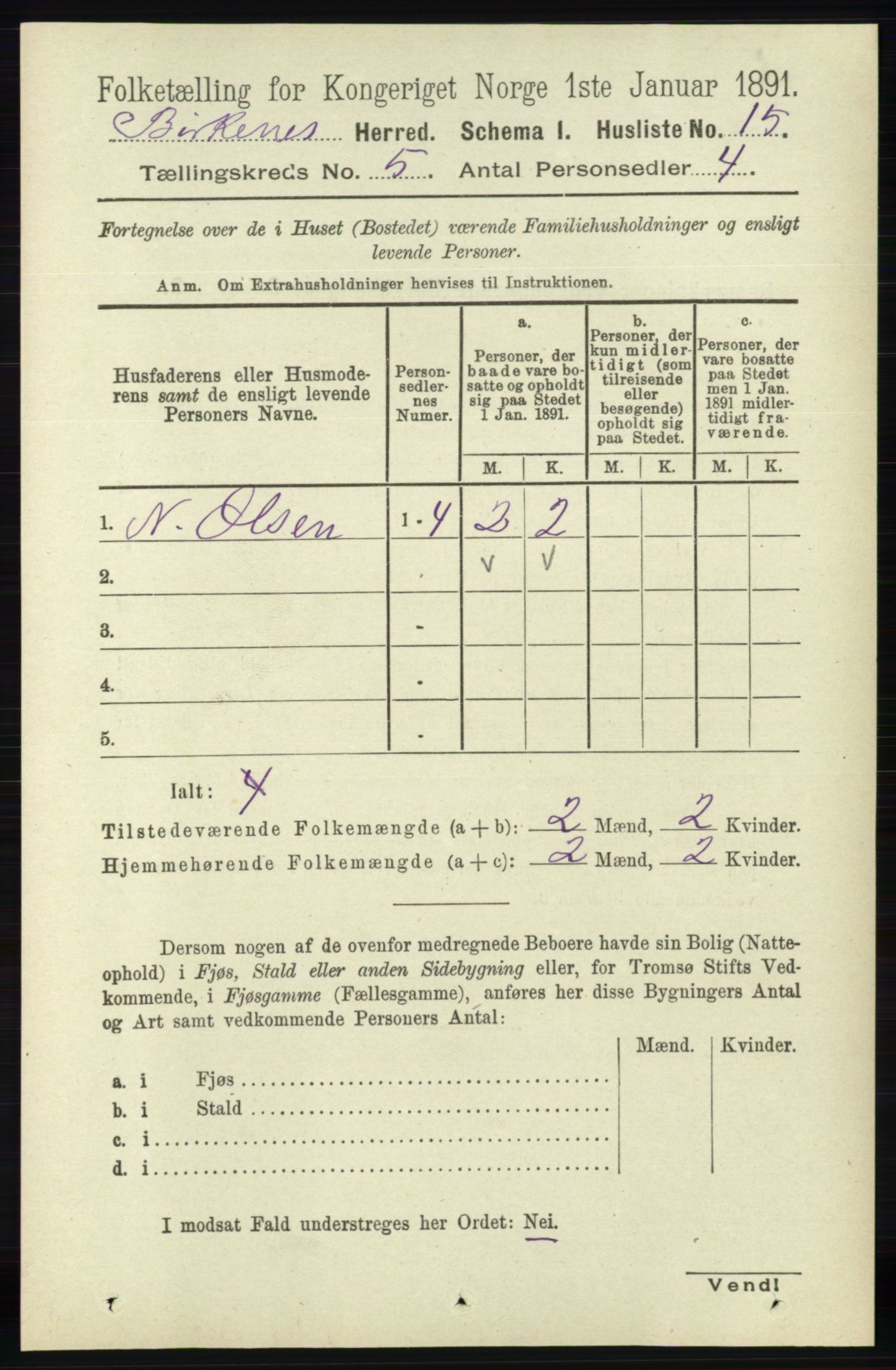 RA, 1891 Census for 0928 Birkenes, 1891, p. 1511