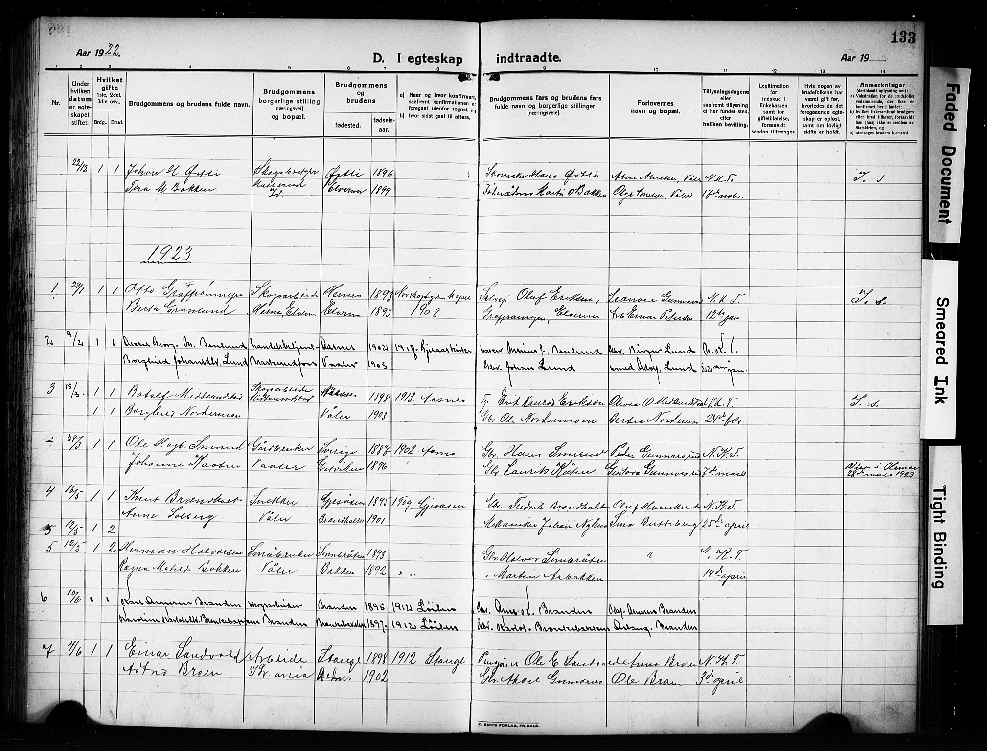 Våler prestekontor, Hedmark, AV/SAH-PREST-040/H/Ha/Hab/L0004: Parish register (copy) no. 4, 1922-1931, p. 133