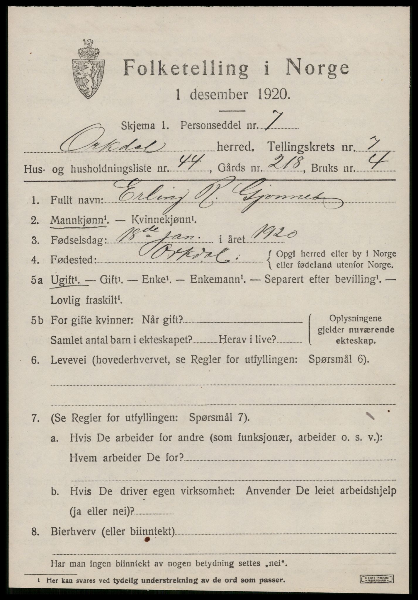 SAT, 1920 census for Orkdal, 1920, p. 6350