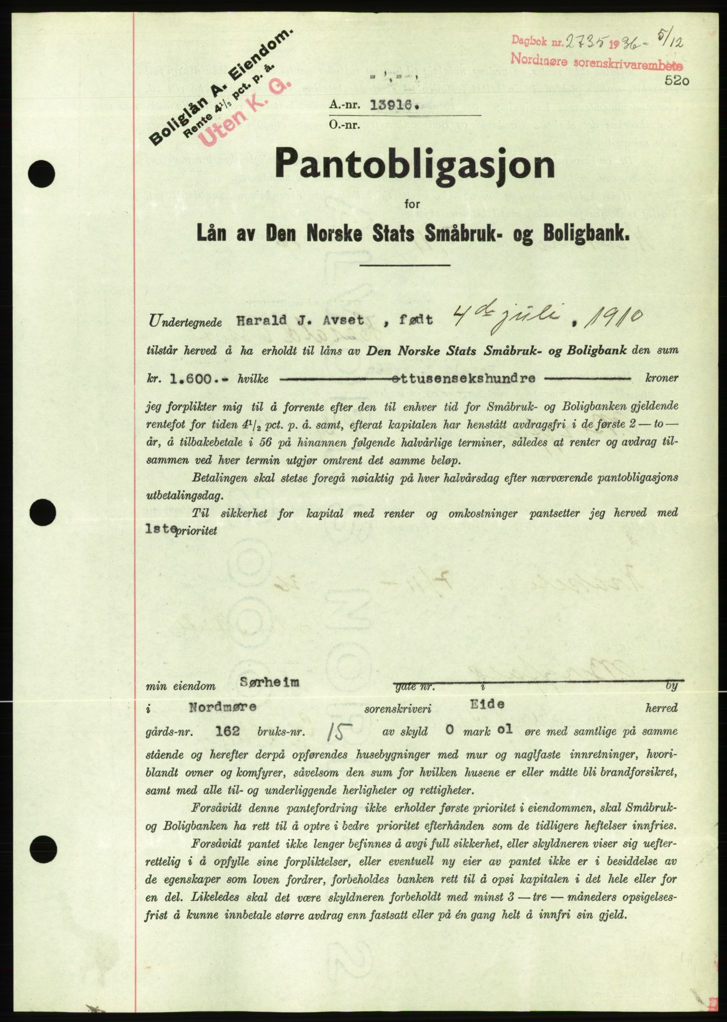 Nordmøre sorenskriveri, AV/SAT-A-4132/1/2/2Ca/L0090: Mortgage book no. B80, 1936-1937, Diary no: : 2735/1936