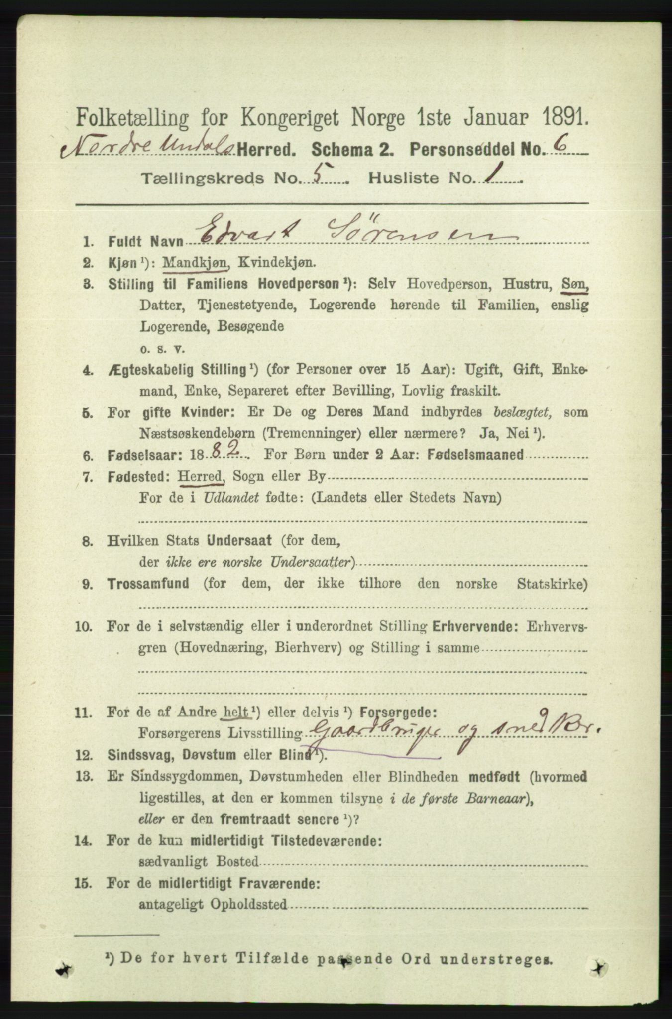 RA, 1891 census for 1028 Nord-Audnedal, 1891, p. 1233