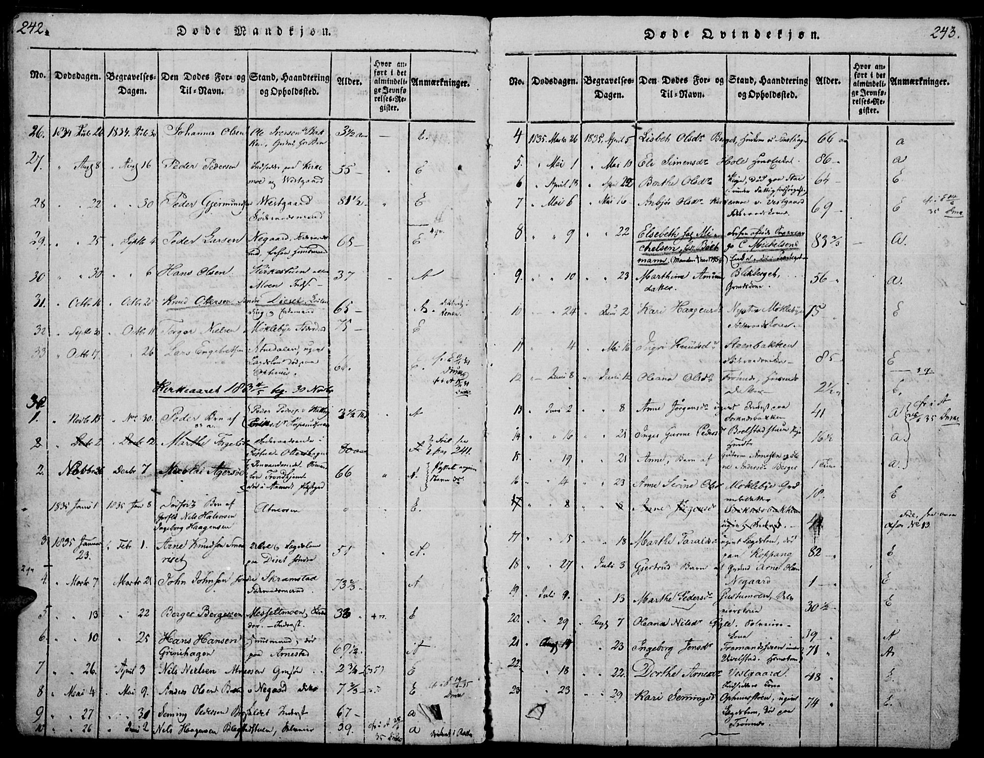 Åmot prestekontor, Hedmark, SAH/PREST-056/H/Ha/Haa/L0005: Parish register (official) no. 5, 1815-1841, p. 242-243