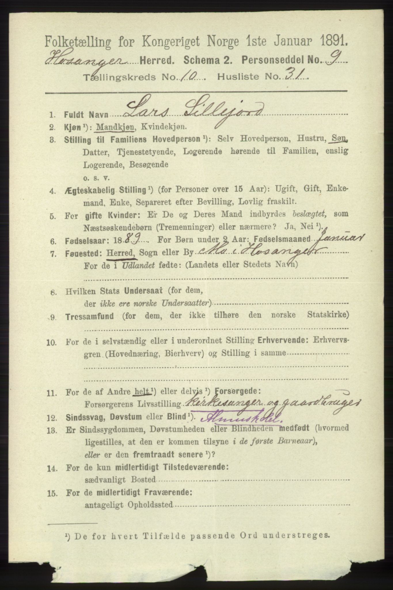 RA, 1891 census for 1253 Hosanger, 1891, p. 3657