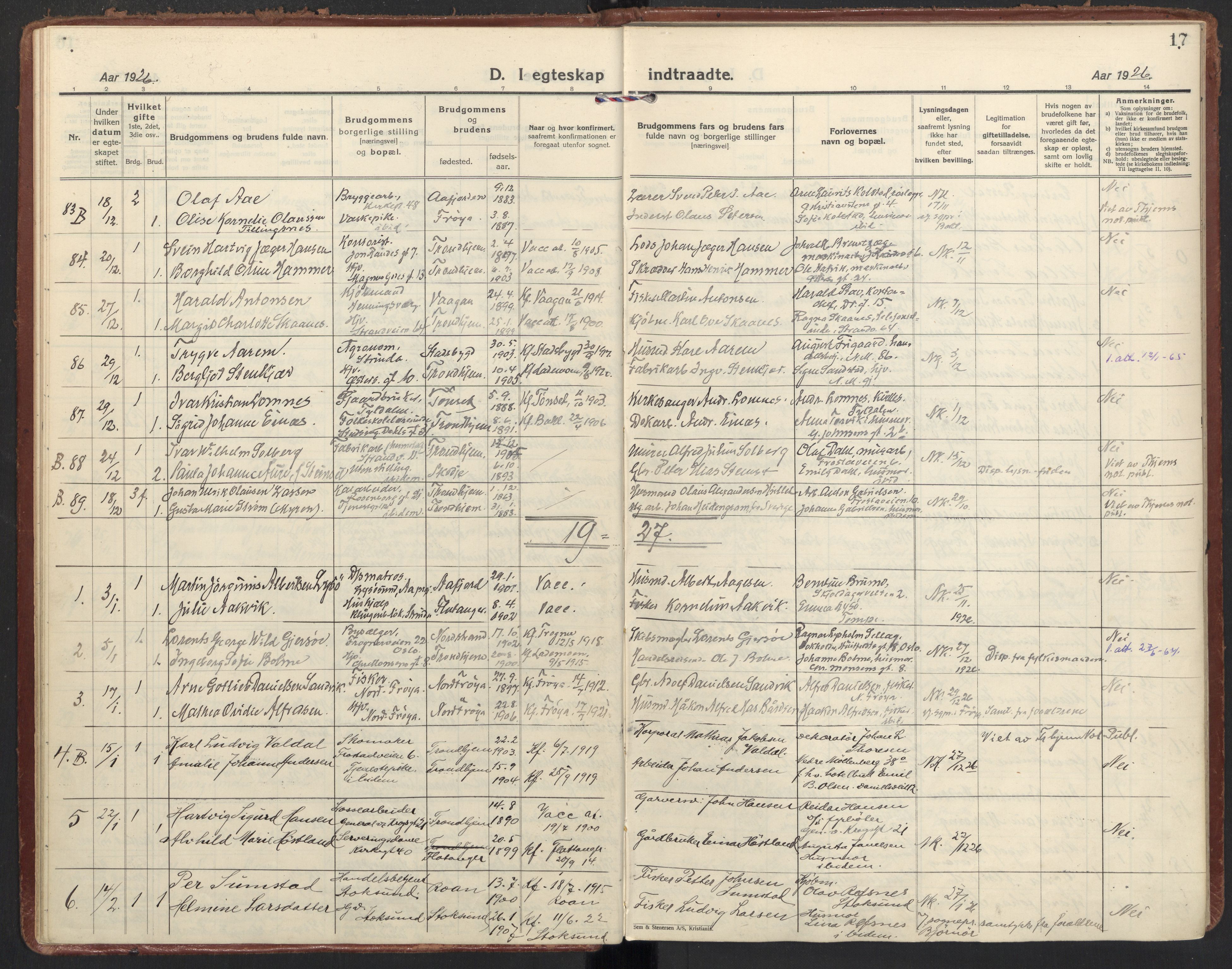 Ministerialprotokoller, klokkerbøker og fødselsregistre - Sør-Trøndelag, SAT/A-1456/605/L0249: Parish register (official) no. 605A11, 1925-1936, p. 17