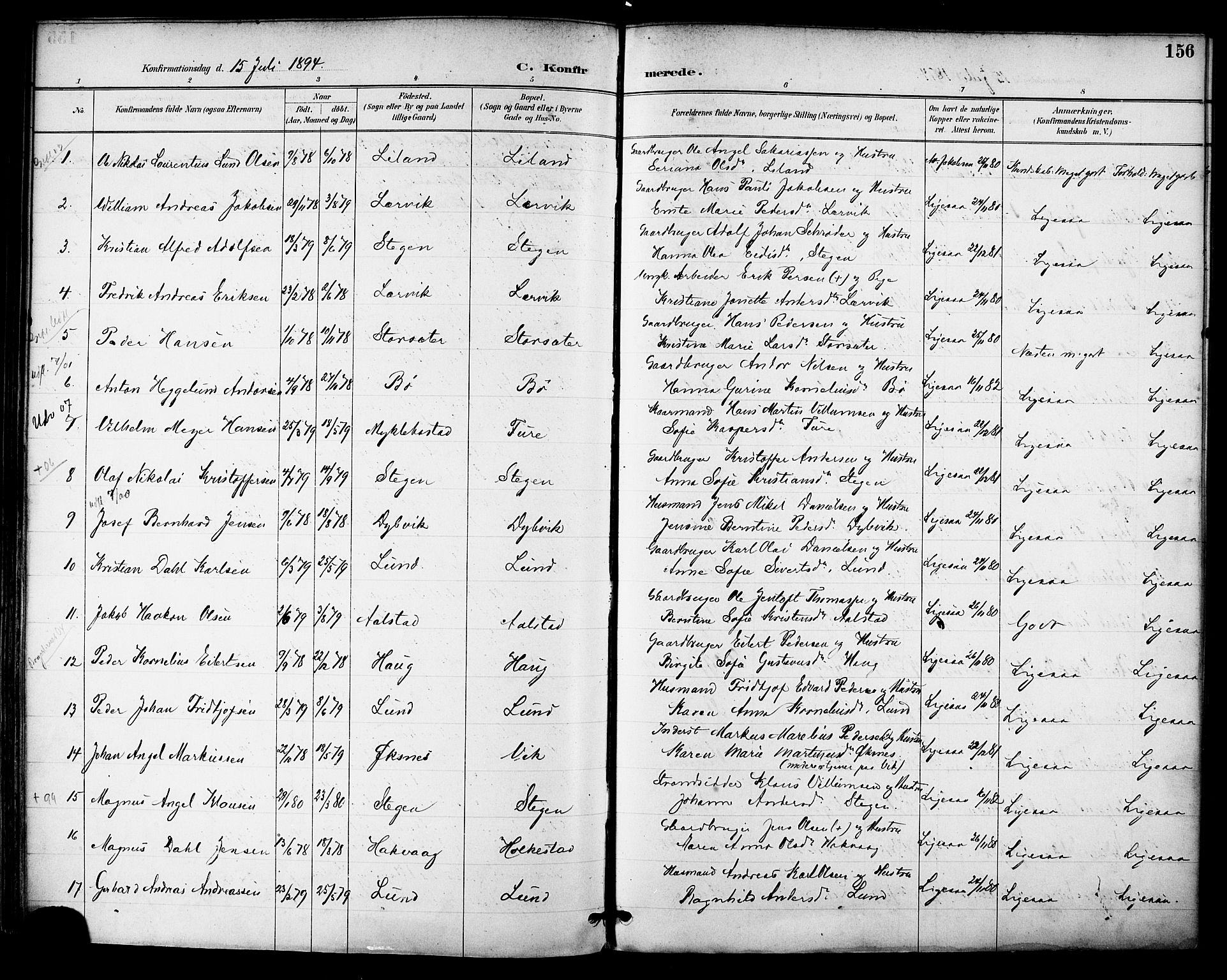 Ministerialprotokoller, klokkerbøker og fødselsregistre - Nordland, AV/SAT-A-1459/855/L0803: Parish register (official) no. 855A11, 1887-1905, p. 156