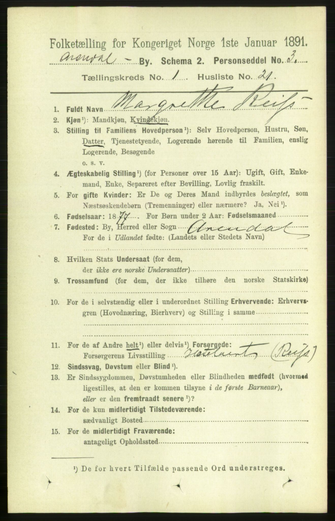 RA, 1891 census for 0903 Arendal, 1891, p. 1213