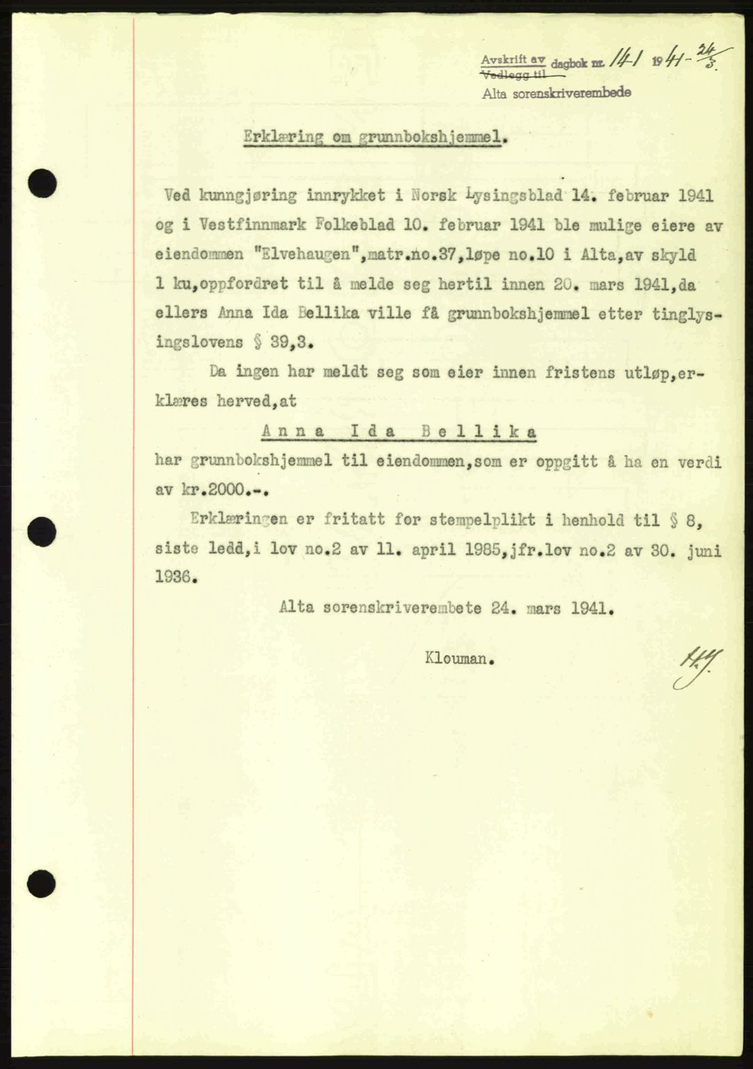 Alta fogderi/sorenskriveri, SATØ/SATØ-5/1/K/Kd/L0033pantebok: Mortgage book no. 33, 1940-1943, Diary no: : 141/1941