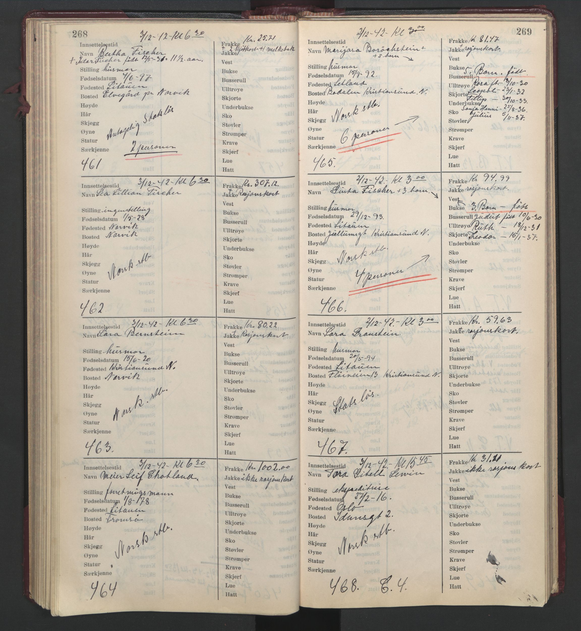 Statspolitiet - Hovedkontoret / Osloavdelingen, AV/RA-S-1329/C/Cl/L0014: Mottakelsesprotokoll, 1941-1944, p. 268-269