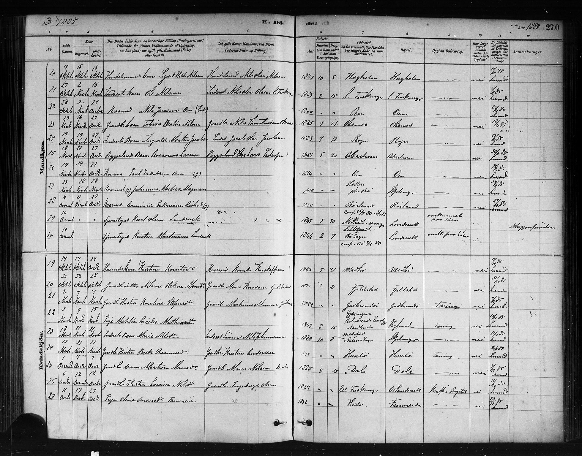 Herdla Sokneprestembete, AV/SAB-A-75701/H/Haa: Parish register (official) no. A 3, 1878-1890, p. 270