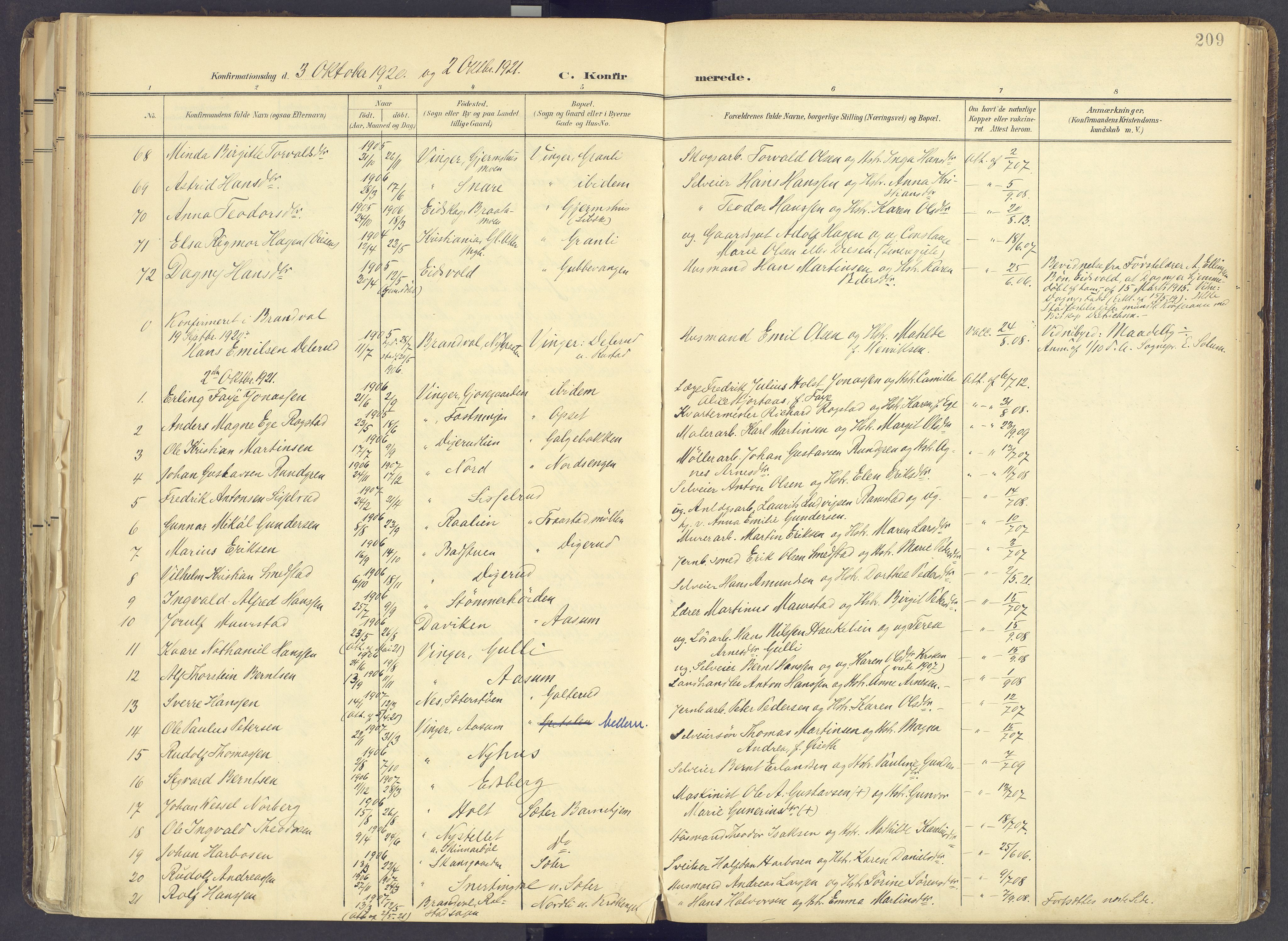 Vinger prestekontor, AV/SAH-PREST-024/H/Ha/Haa/L0017: Parish register (official) no. 17, 1901-1927, p. 209