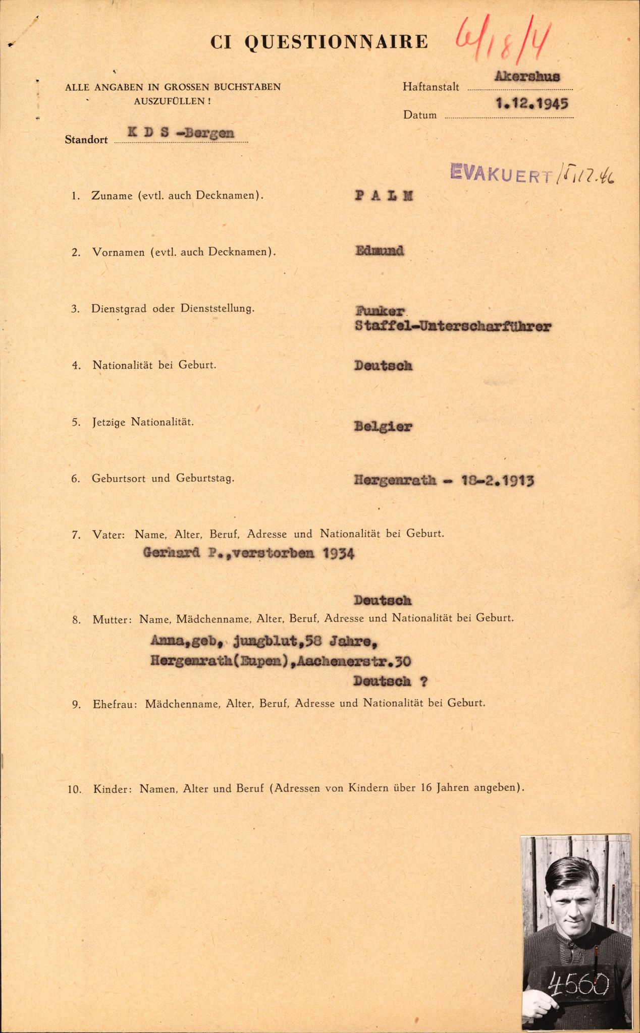 Forsvaret, Forsvarets overkommando II, AV/RA-RAFA-3915/D/Db/L0041: CI Questionaires.  Diverse nasjonaliteter., 1945-1946, p. 2