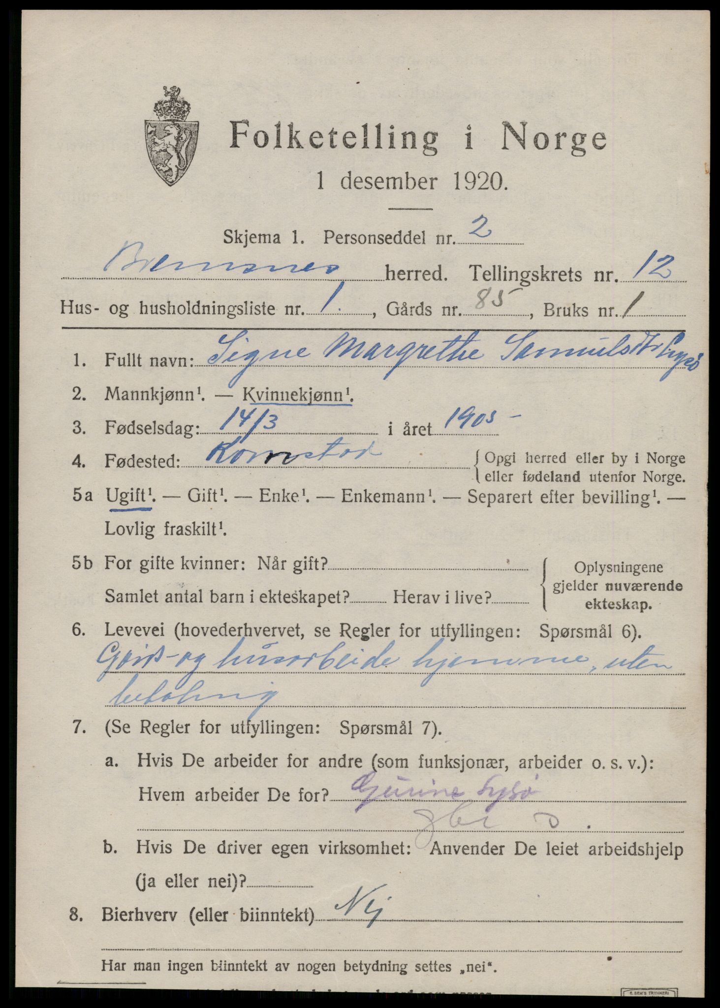 SAT, 1920 census for Bremsnes, 1920, p. 9629