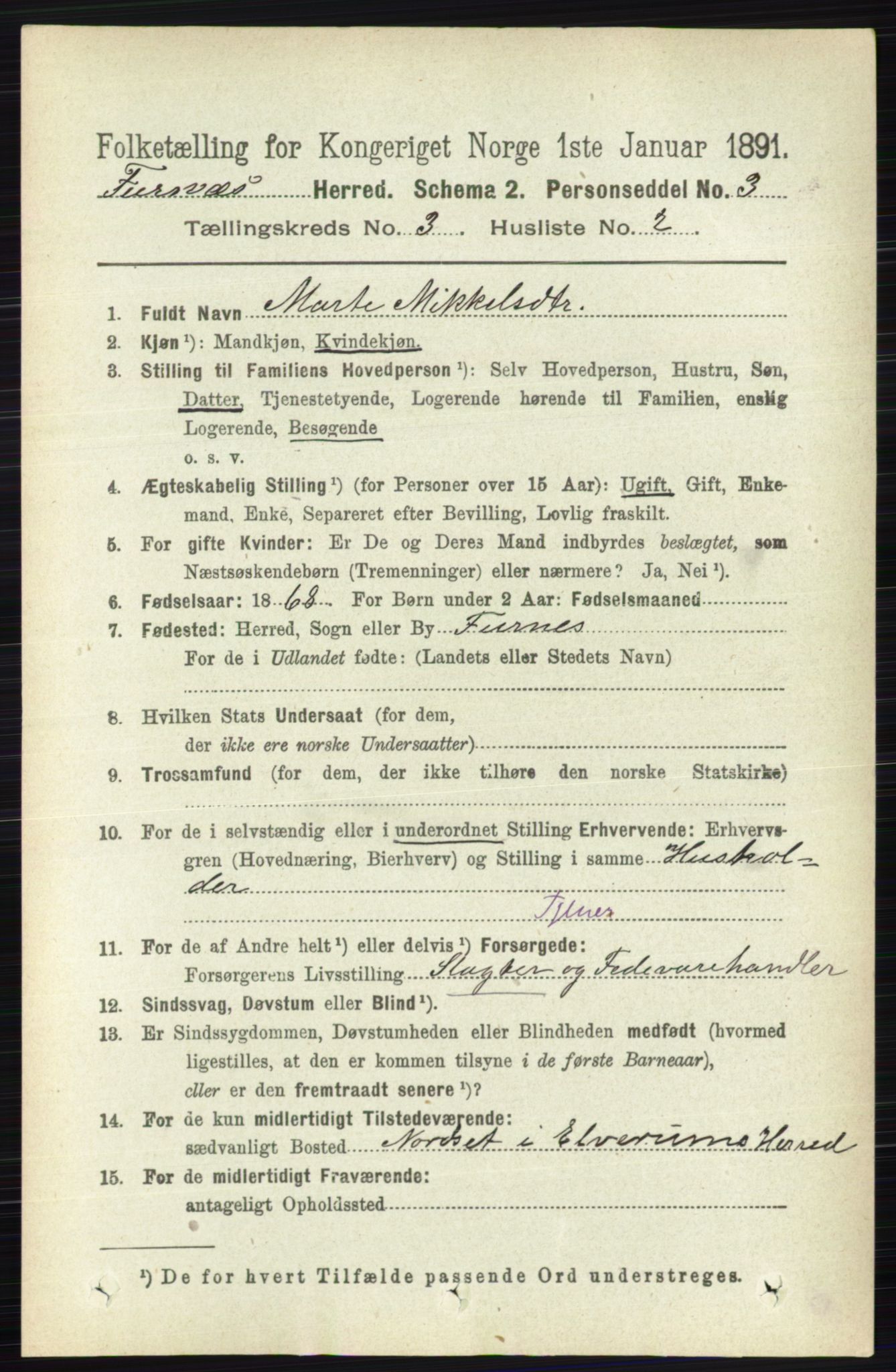 RA, Census 1891 for 0413 Furnes herred, 1891, p. 1644