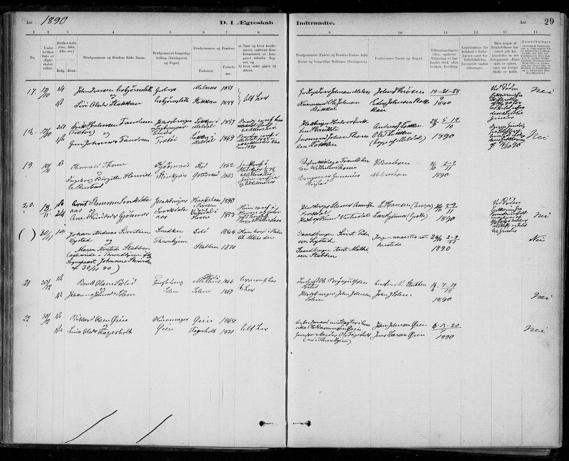 Ministerialprotokoller, klokkerbøker og fødselsregistre - Sør-Trøndelag, AV/SAT-A-1456/668/L0810: Parish register (official) no. 668A10, 1881-1894, p. 29