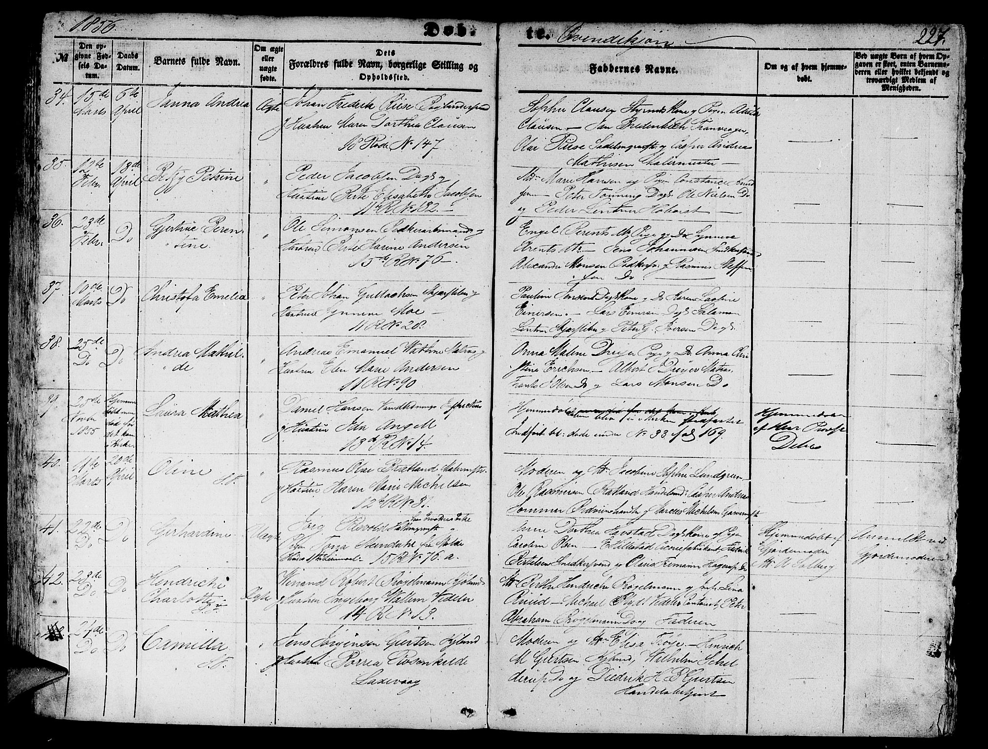 Domkirken sokneprestembete, AV/SAB-A-74801/H/Hab/L0010: Parish register (copy) no. B 3, 1849-1856, p. 227