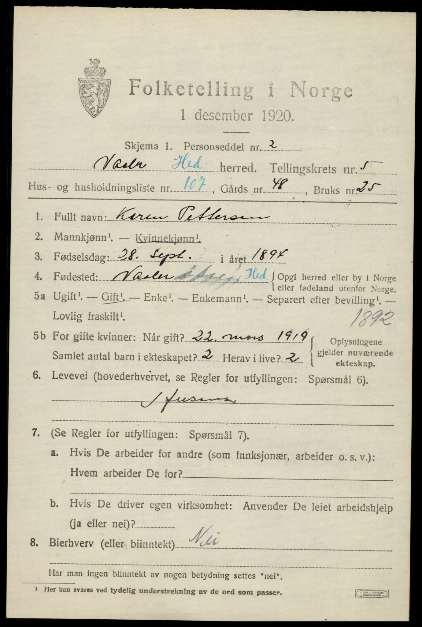 SAH, 1920 census for Våler (Hedmark), 1920, p. 6749