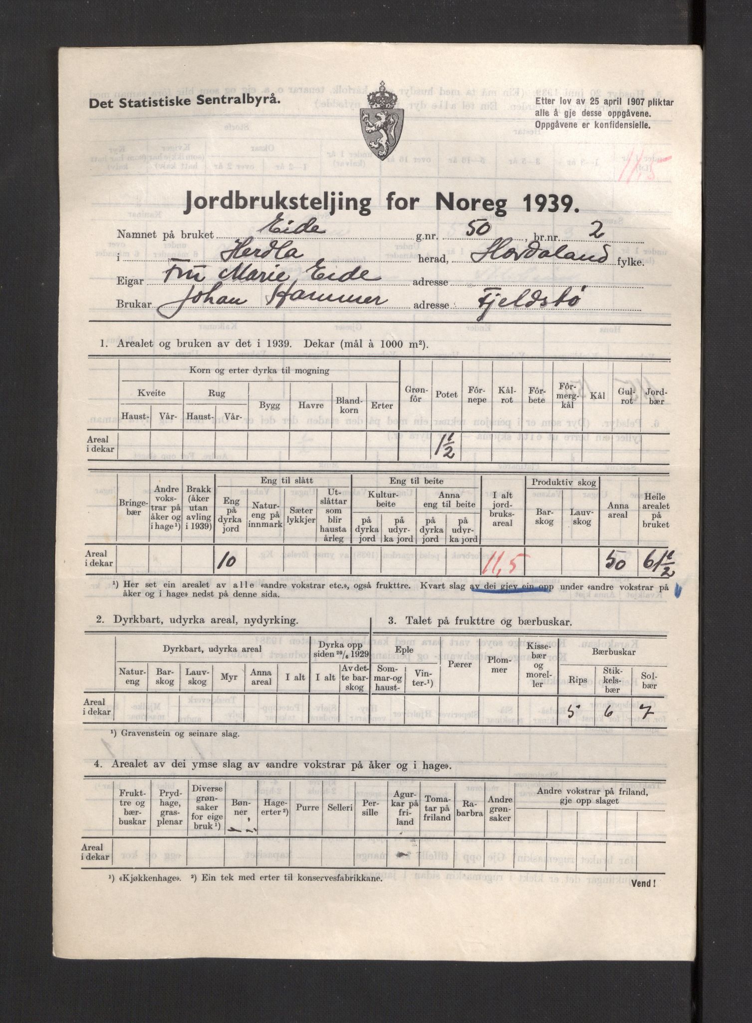 Statistisk sentralbyrå, Næringsøkonomiske emner, Jordbruk, skogbruk, jakt, fiske og fangst, AV/RA-S-2234/G/Gb/L0211: Hordaland: Herdla, Hjelme og Manger, 1939, p. 697